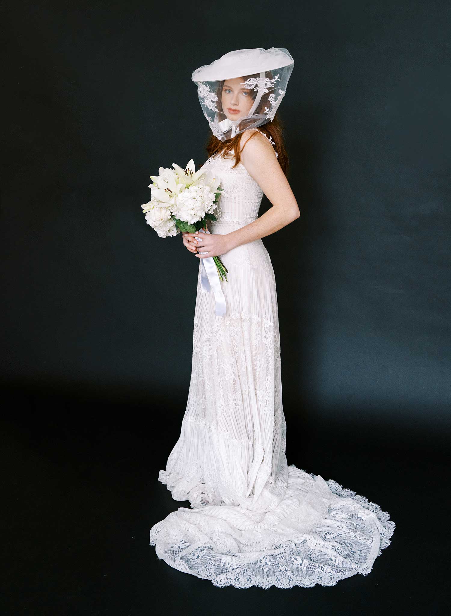 Straw bridal hat with silk ribbon tie and veil - Style #2637