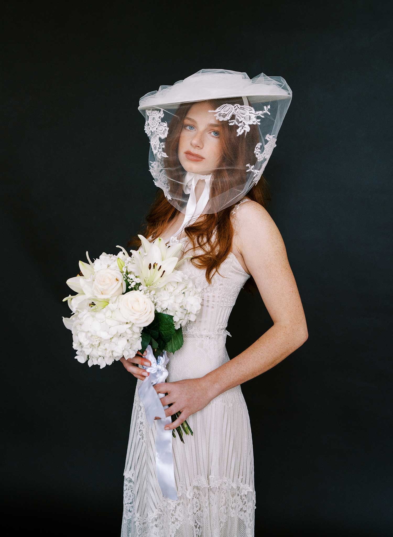 Straw bridal hat with silk ribbon tie and veil - Style #2637