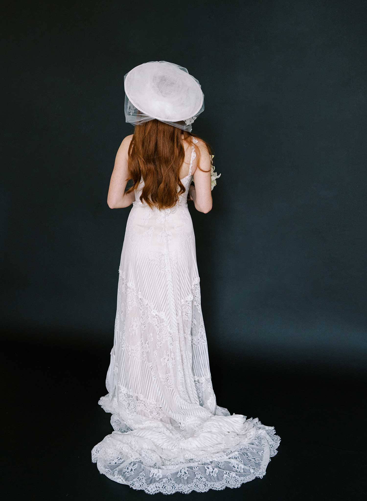 Straw bridal hat with silk ribbon tie and veil - Style #2637