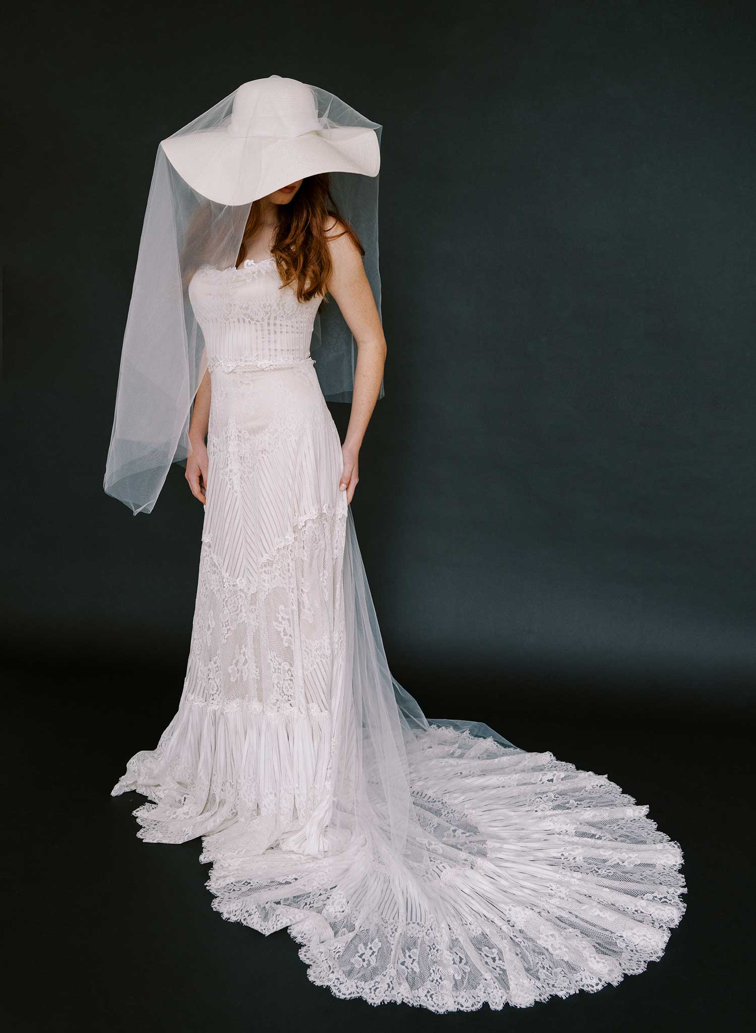 Wide straw bridal hat with chapel veil - Style #2638
