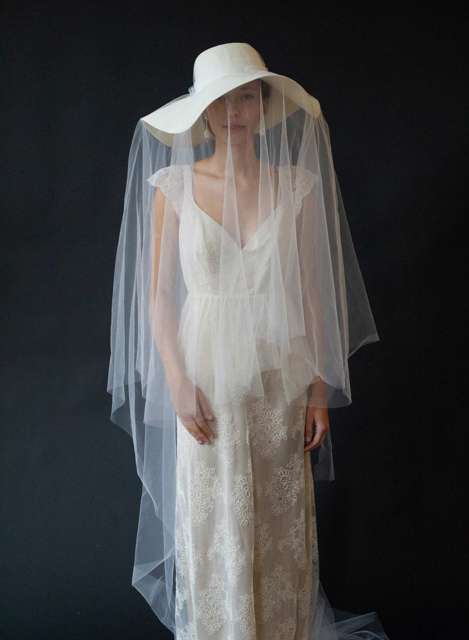 Wide straw bridal hat with chapel veil - Style #2638