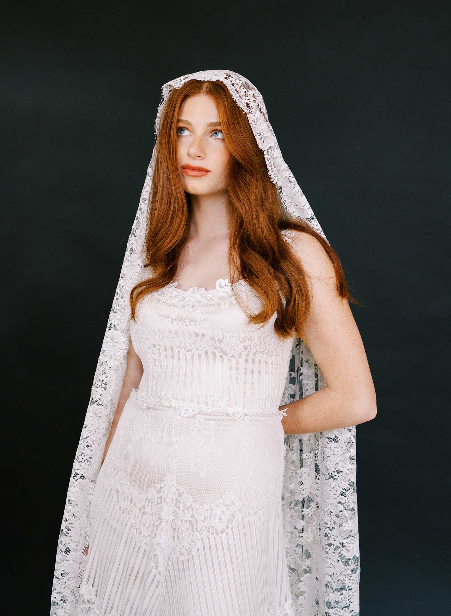 Allover French lace mantilla veil, short chapel - Style #2641