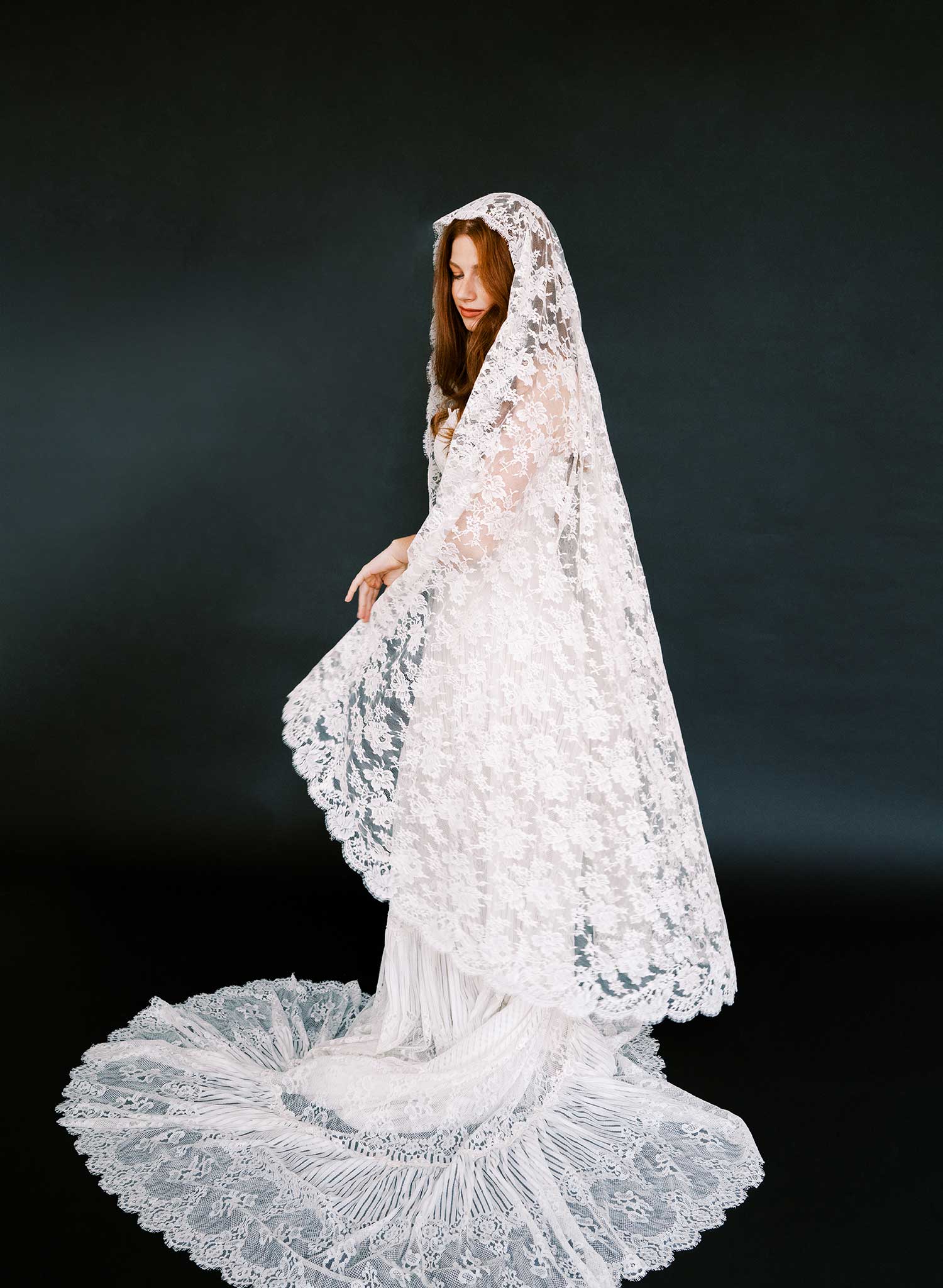 Allover French lace mantilla veil, short chapel - Style #2641