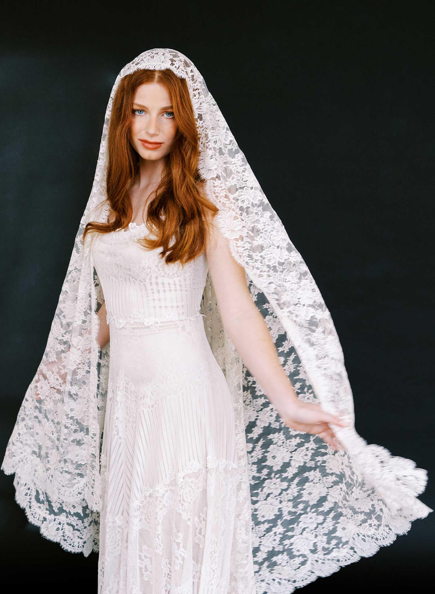 Allover French lace mantilla veil, short chapel - Style #2641