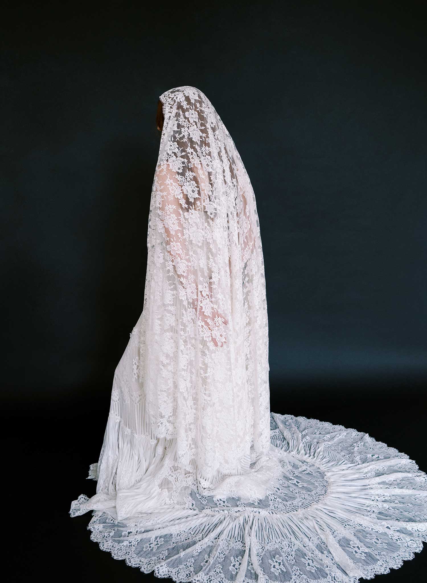 Allover French lace mantilla veil, short chapel - Style #2641