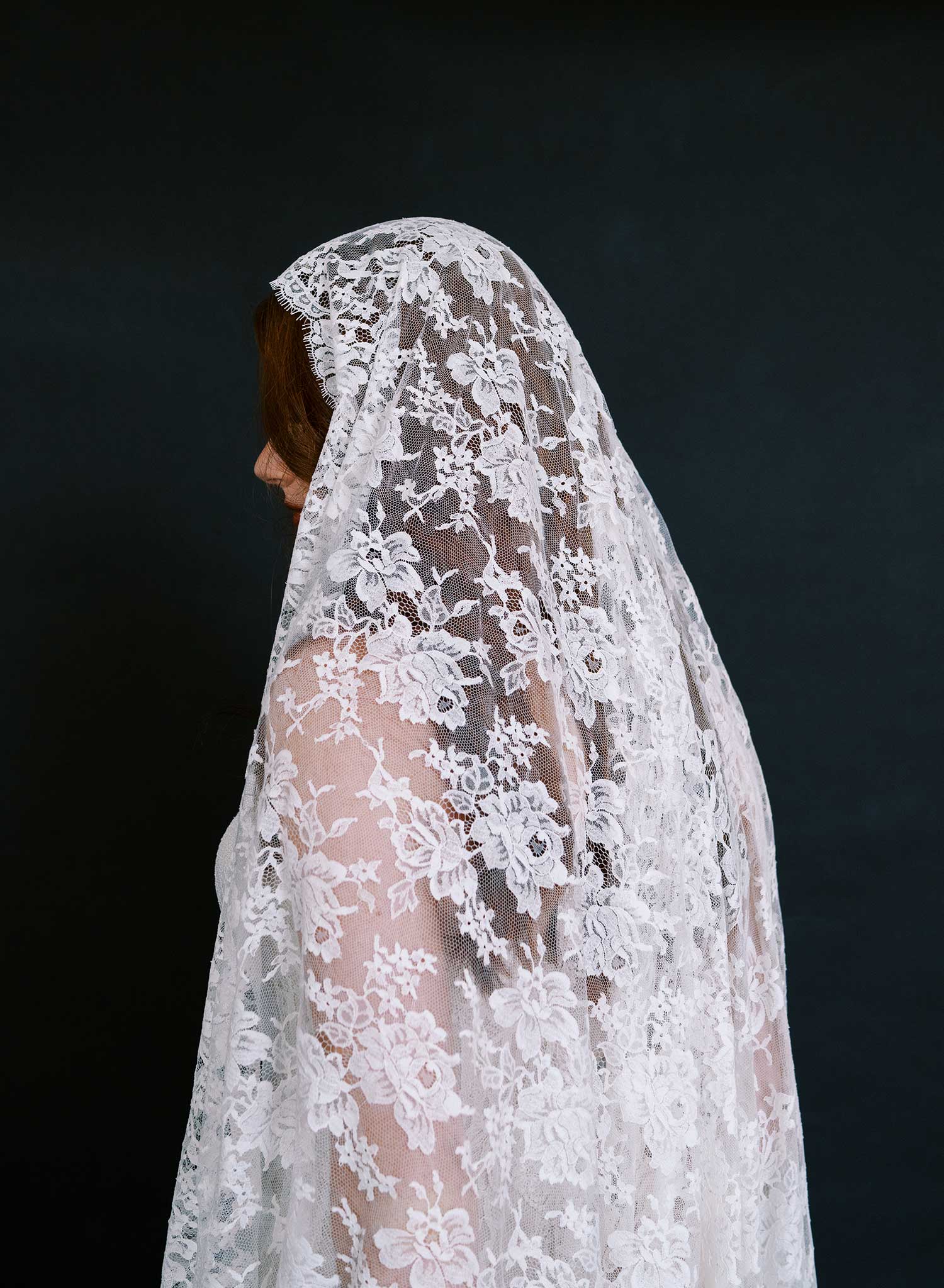 Allover French lace mantilla veil, short chapel - Style #2641