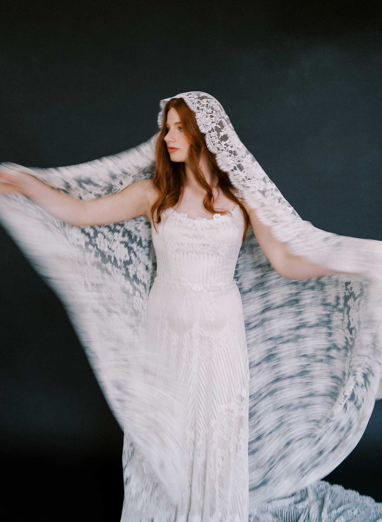 Allover French lace mantilla veil, short chapel - Style #2641