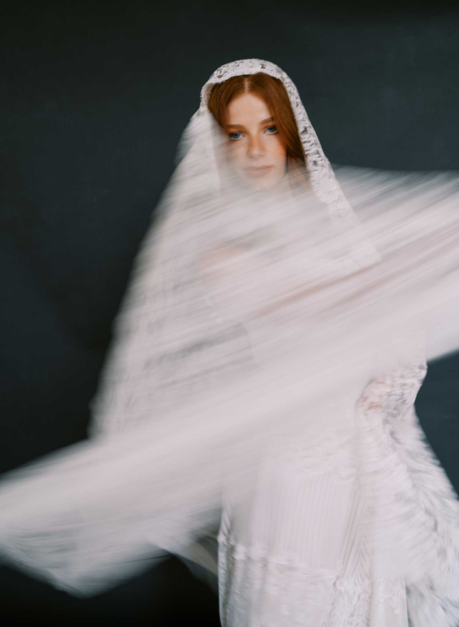 Allover French lace mantilla veil, short chapel - Style #2641