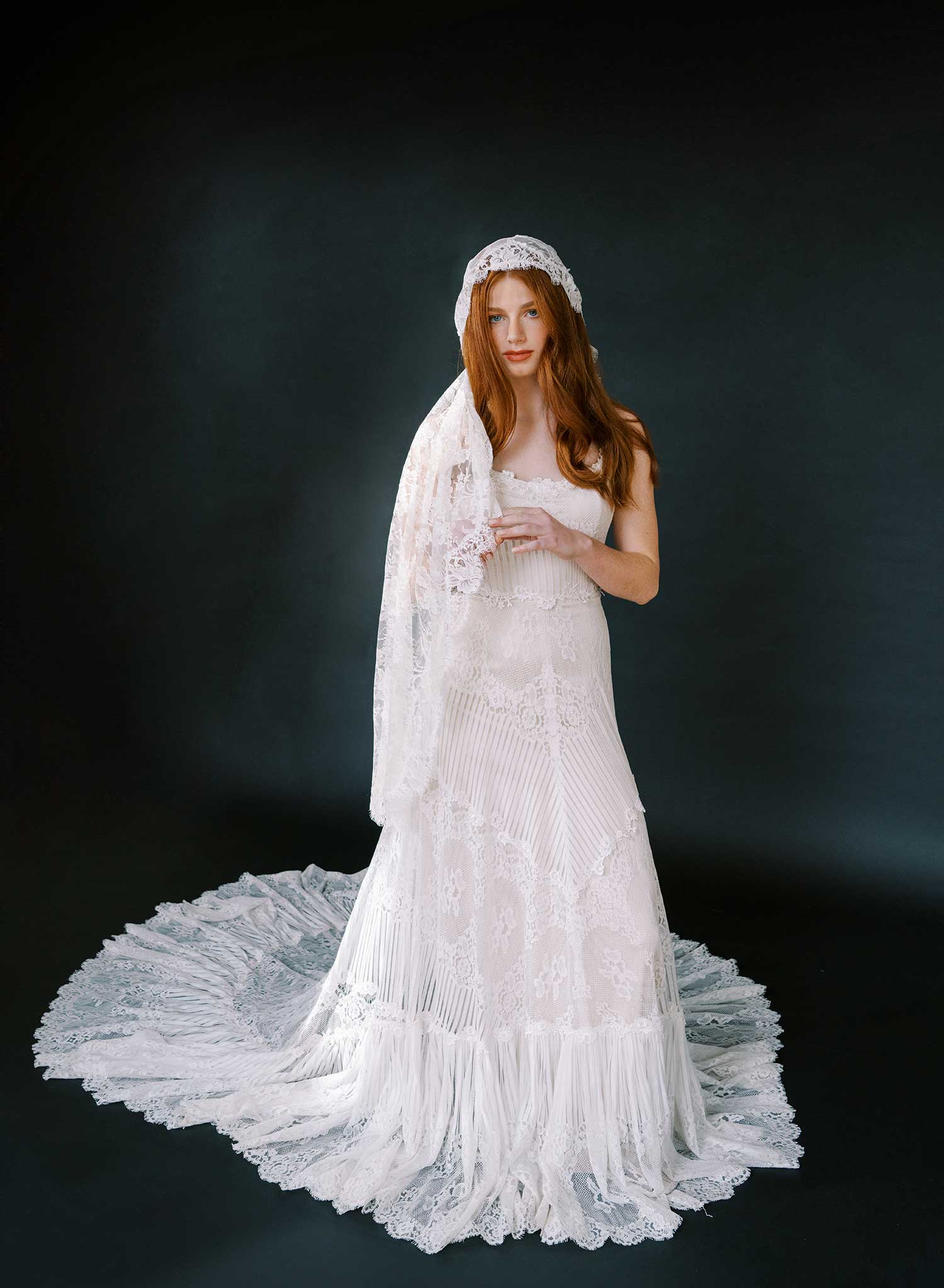Juliet cap veil with allover French lace, fingertip - Style #2642