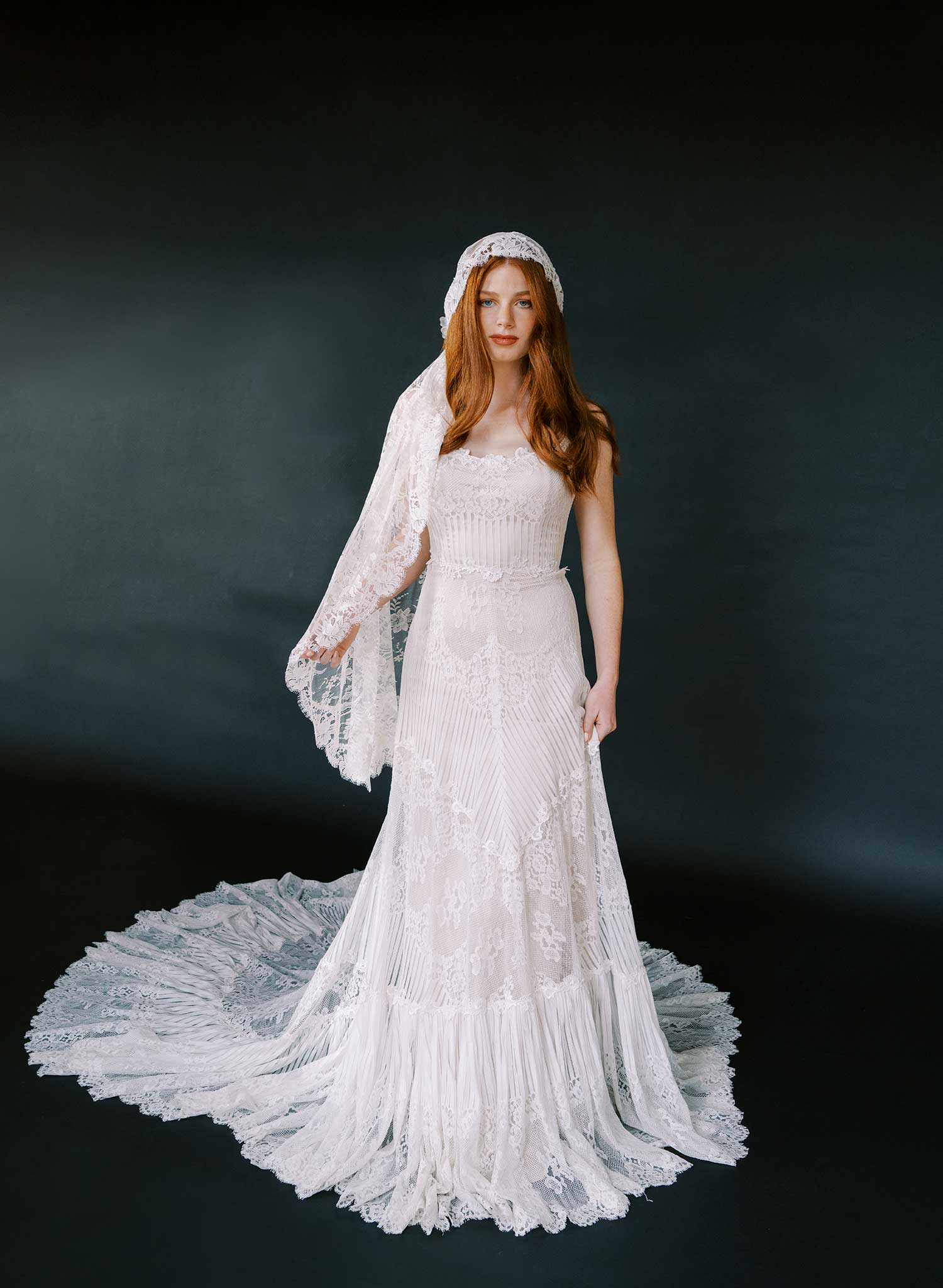 Juliet cap veil with allover French lace, fingertip - Style #2642