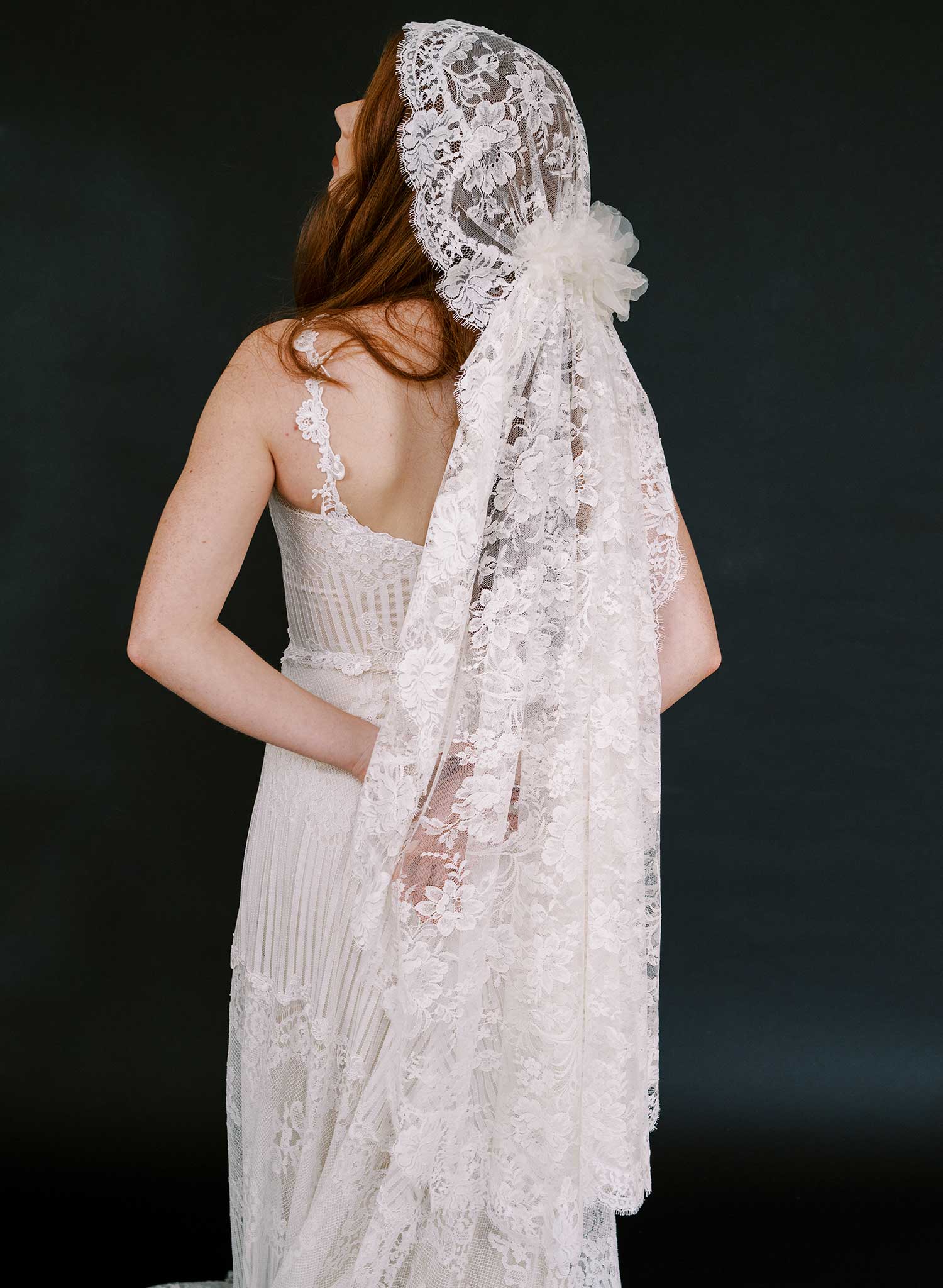 Juliet cap veil with allover French lace, fingertip - Style #2642