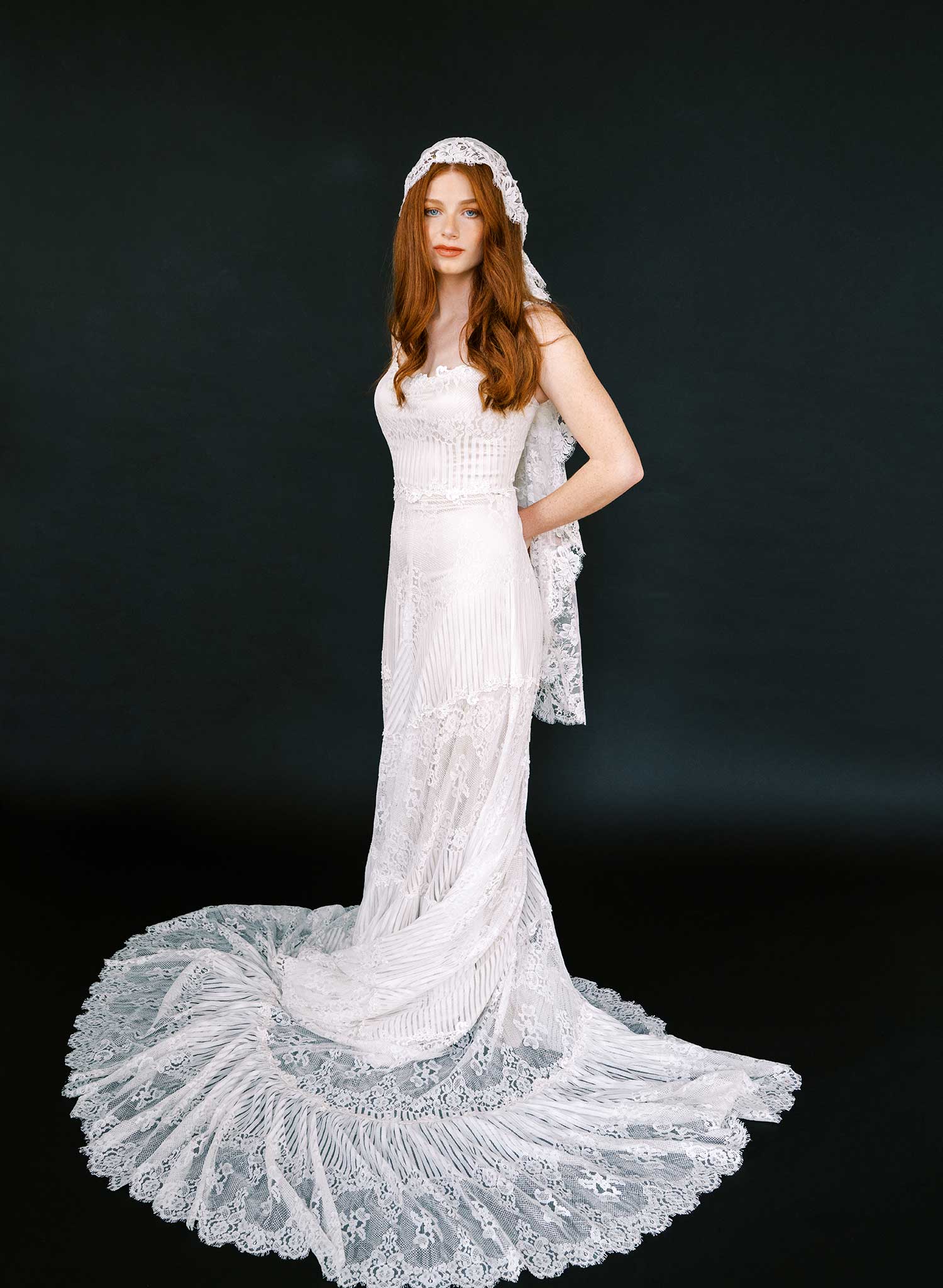 Juliet cap veil with allover French lace, fingertip - Style #2642