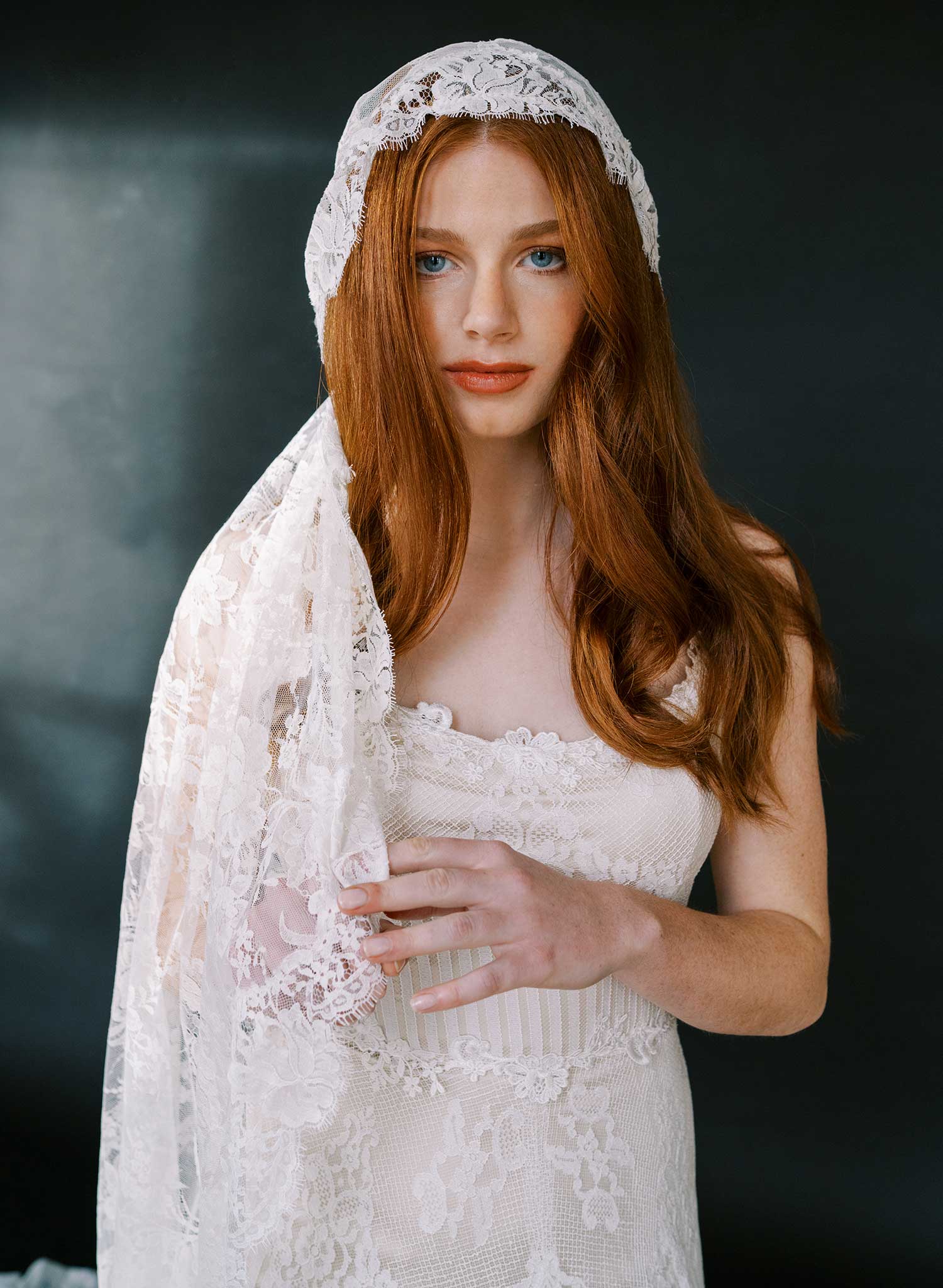 Juliet cap veil with allover French lace, fingertip - Style #2642