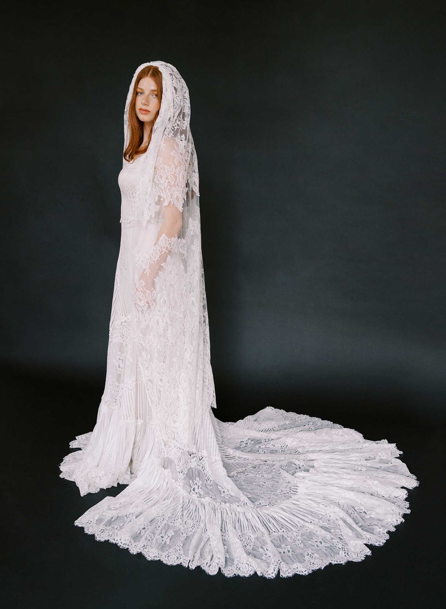 Columnar French lace, floral short chapel veil - Style #2644