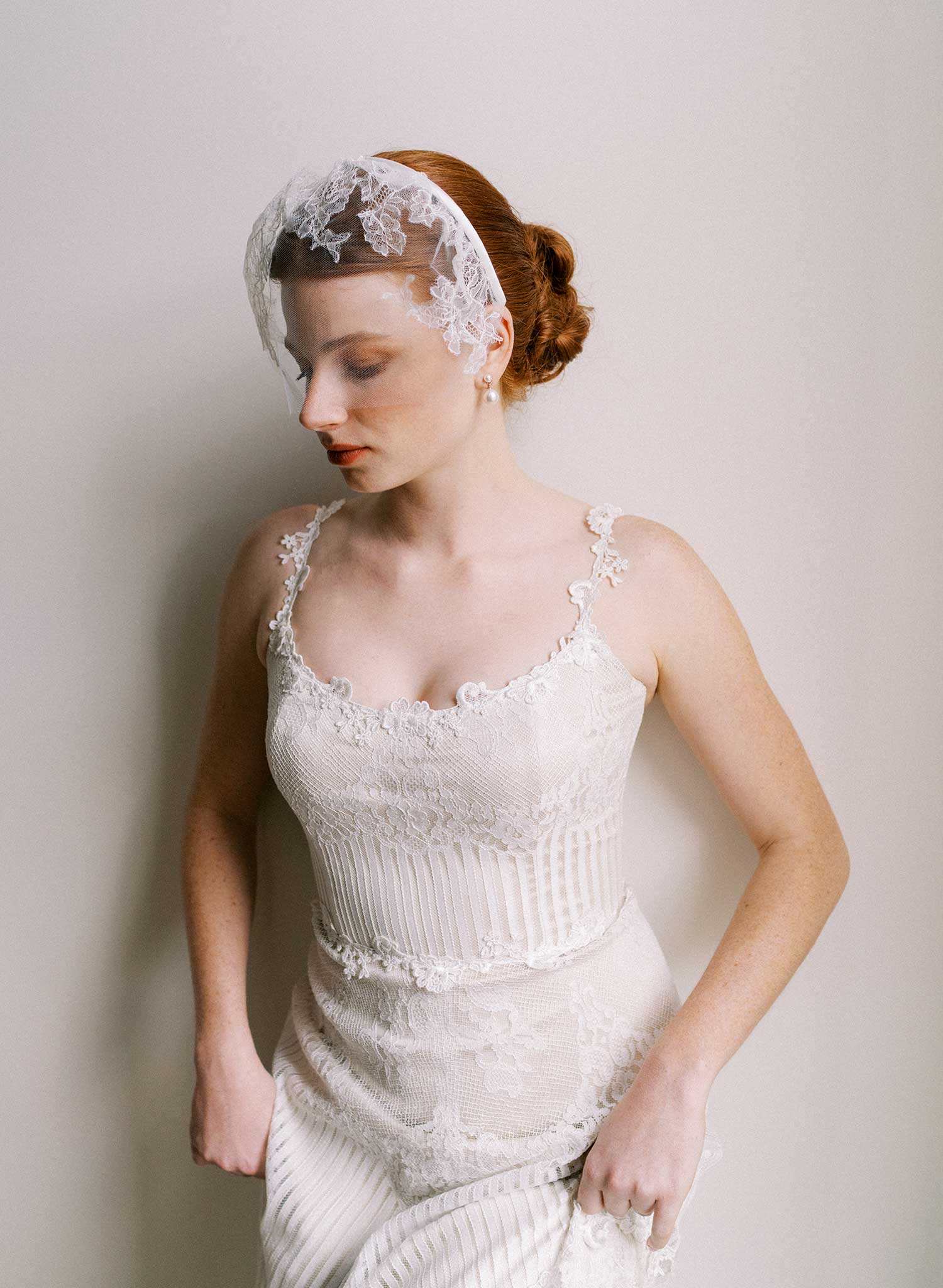 Tulle with French lace bridal headband veil - Style #2645