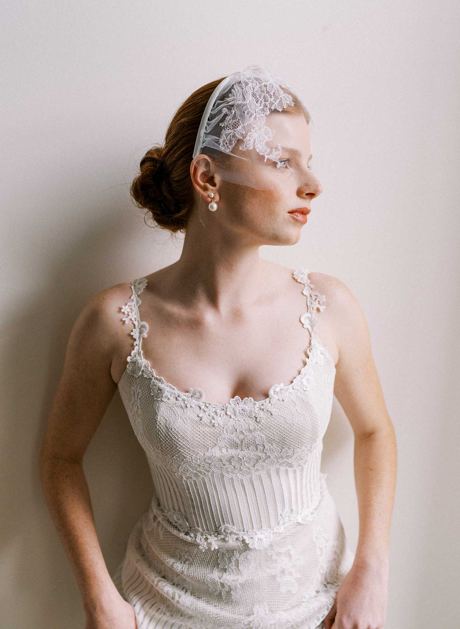 Tulle with French lace bridal headband veil - Style #2645