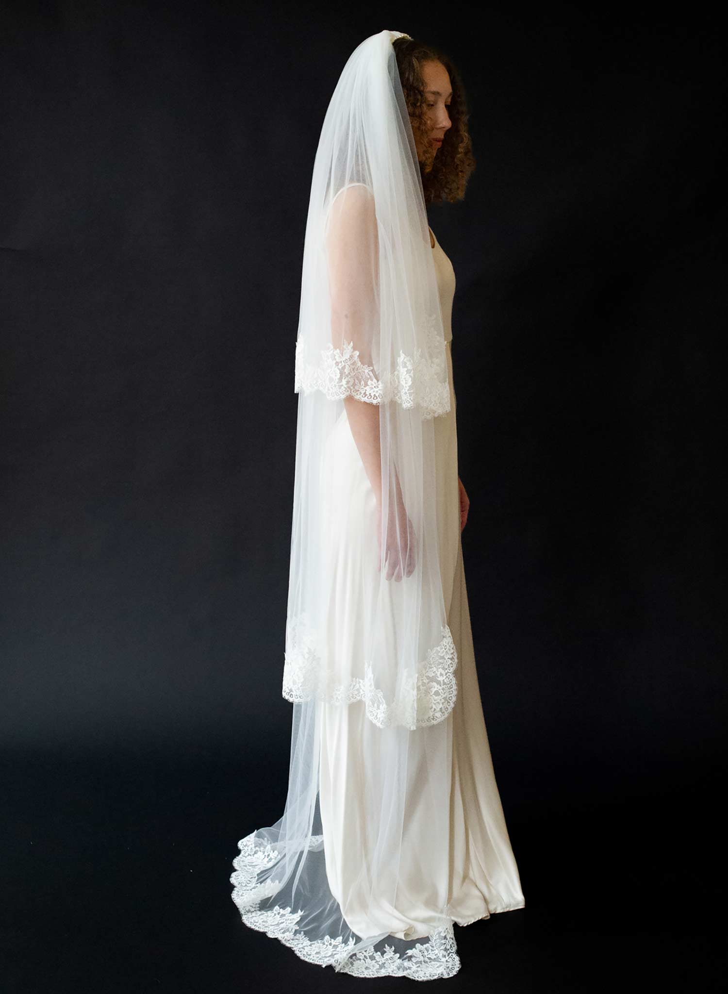 Triple tier French lace bridal veil with pearls - Style #2646