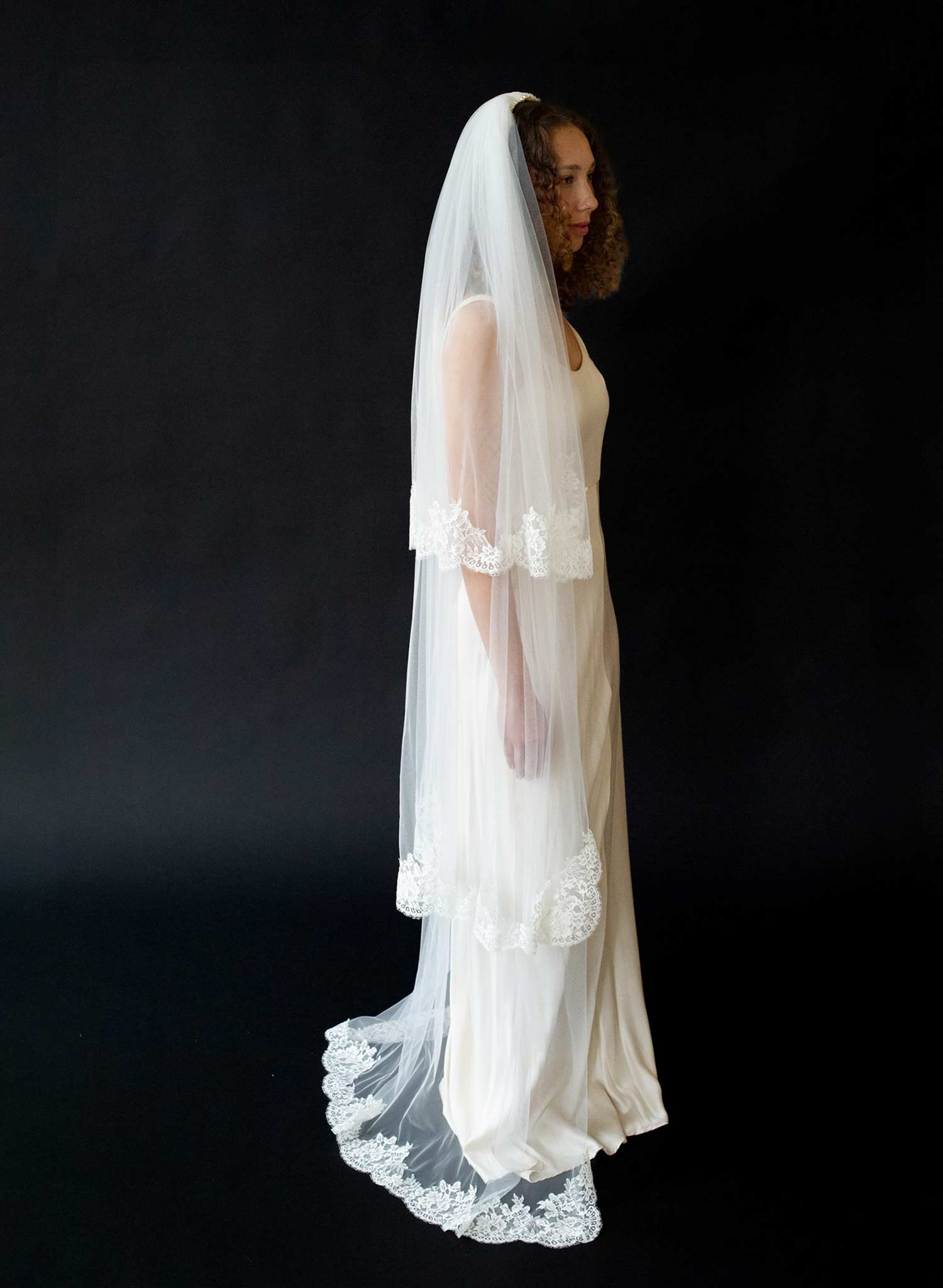 Triple tier French lace bridal veil with pearls - Style #2646