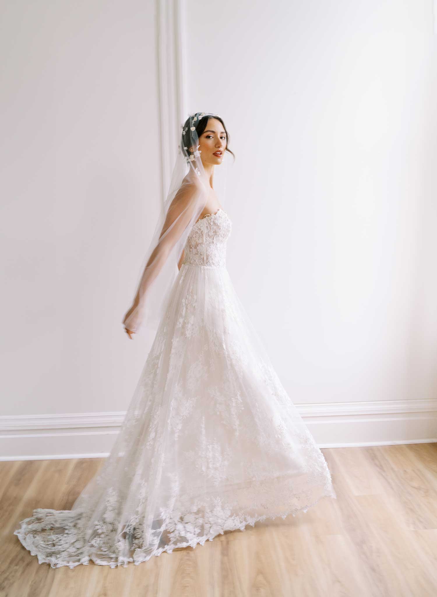 Hand sculpted clay and silk florals train veil - Style #2647