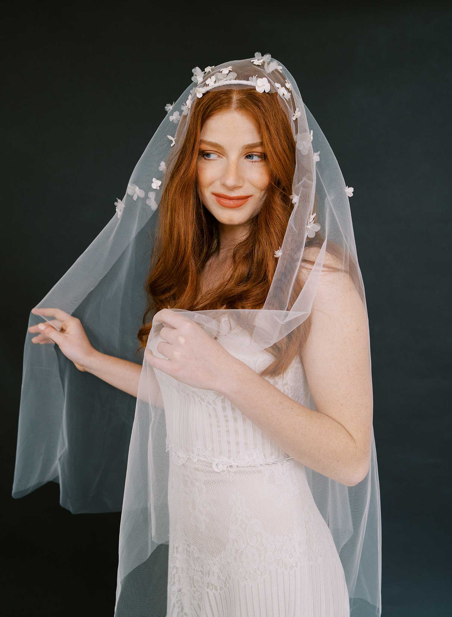 Hand sculpted clay and silk florals train veil - Style #2647