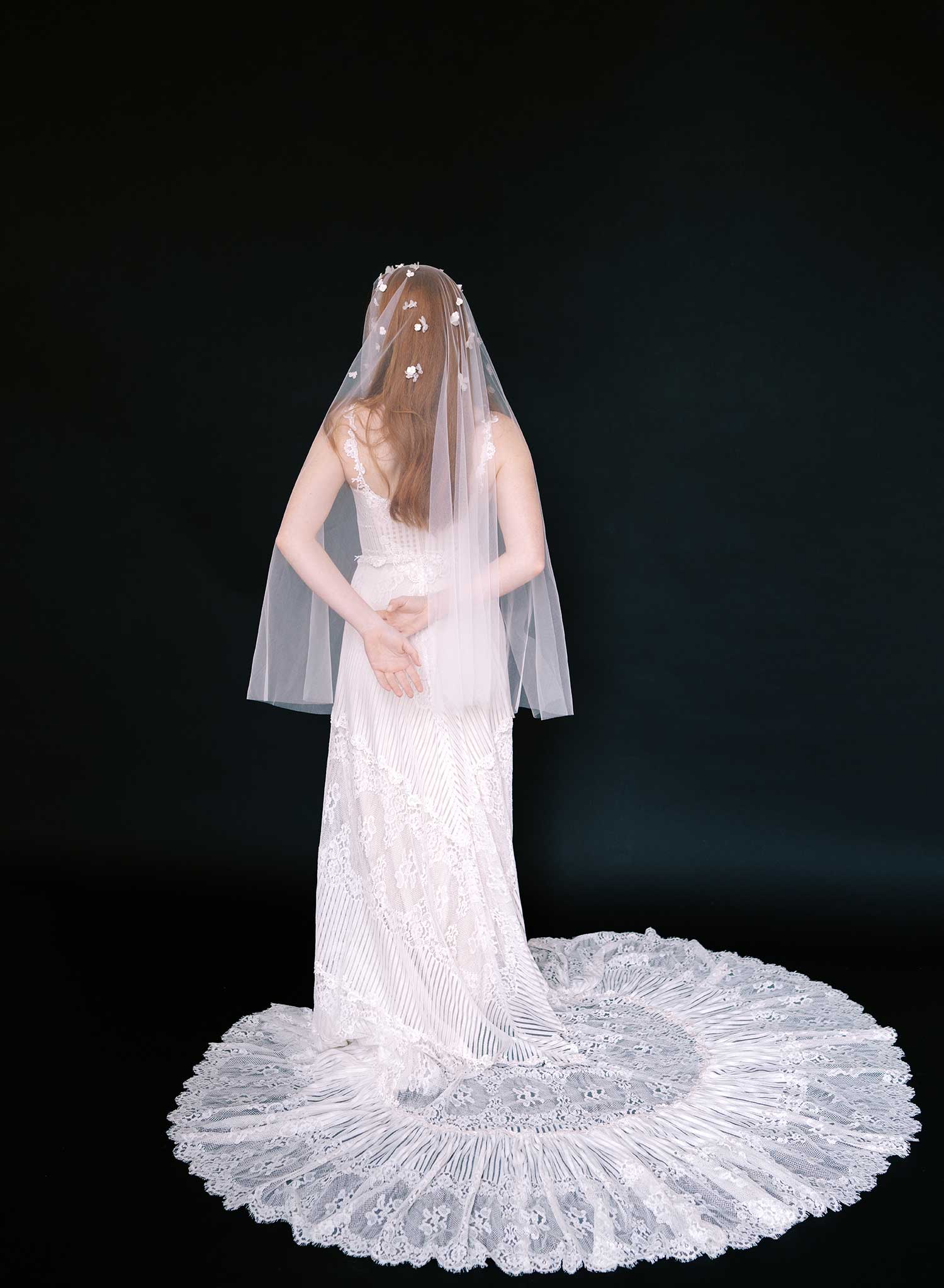 Hand sculpted clay and silk florals train veil - Style #2647