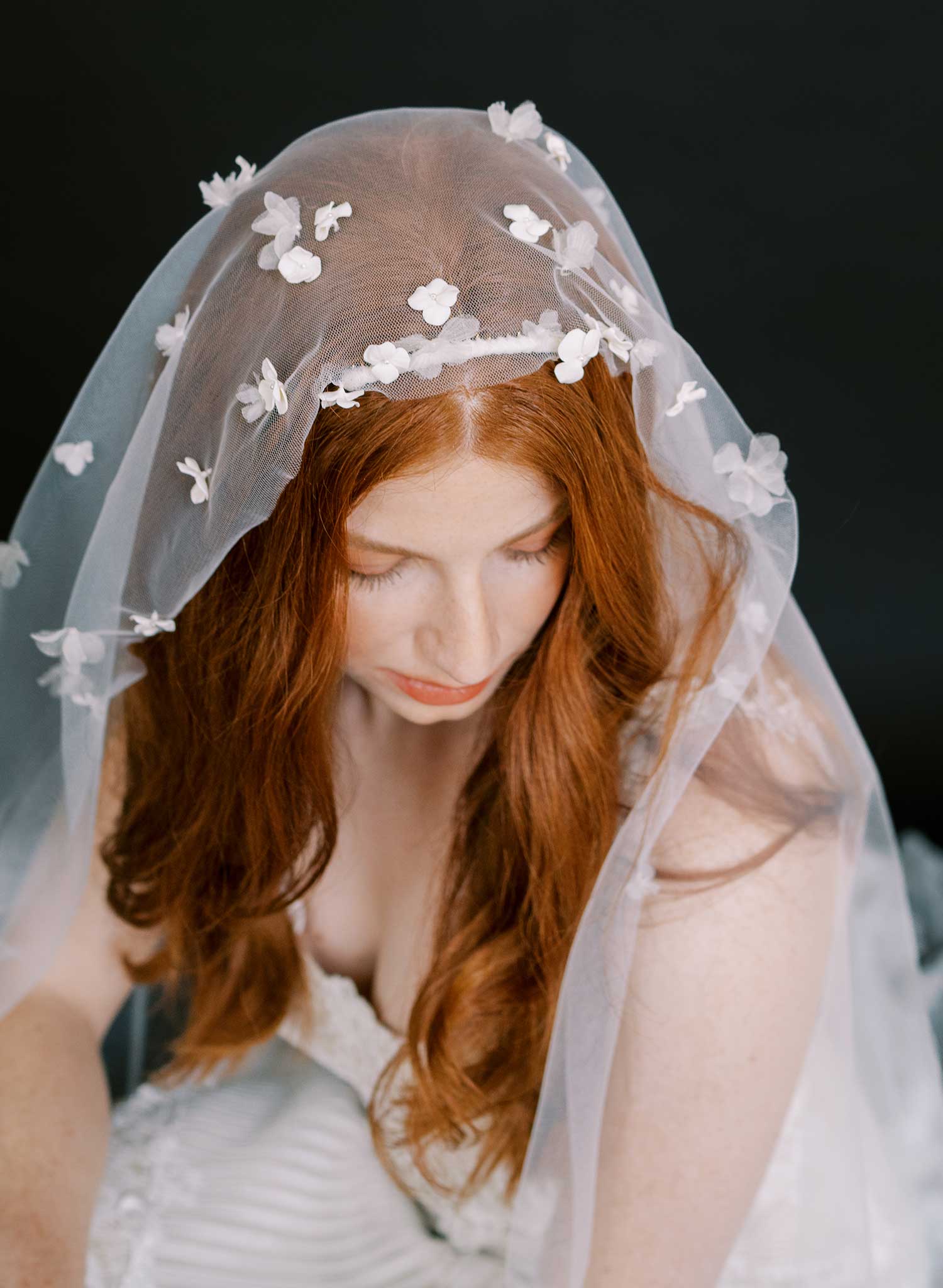 Hand sculpted clay and silk florals train veil - Style #2647