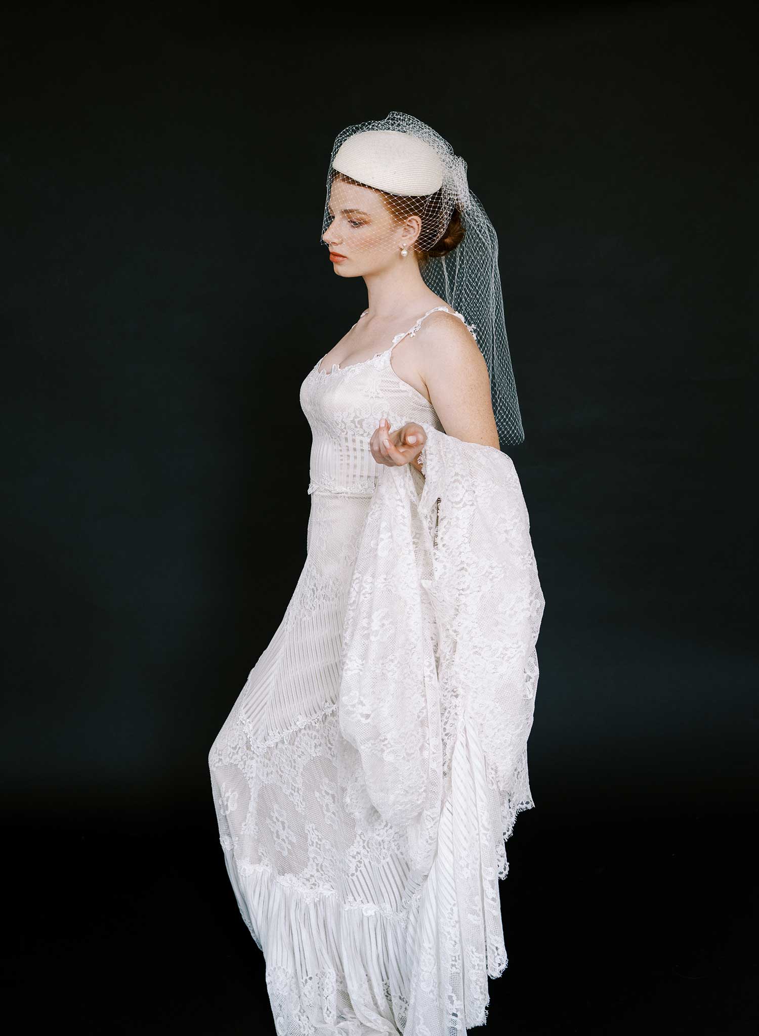 Straw pillbox bridal hat with birdcage veil - Style #2650