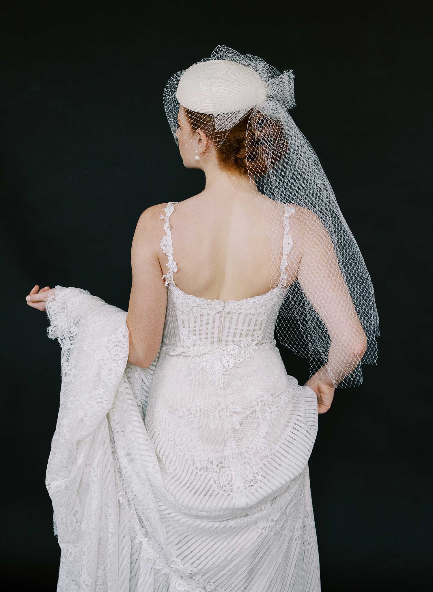 Straw pillbox bridal hat with birdcage veil - Style #2650