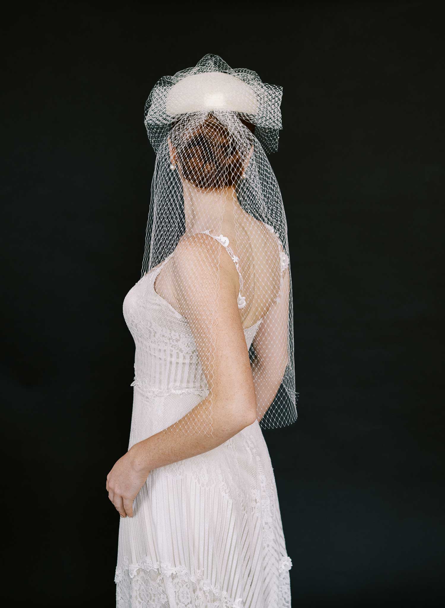 Straw pillbox bridal hat with birdcage veil - Style #2650
