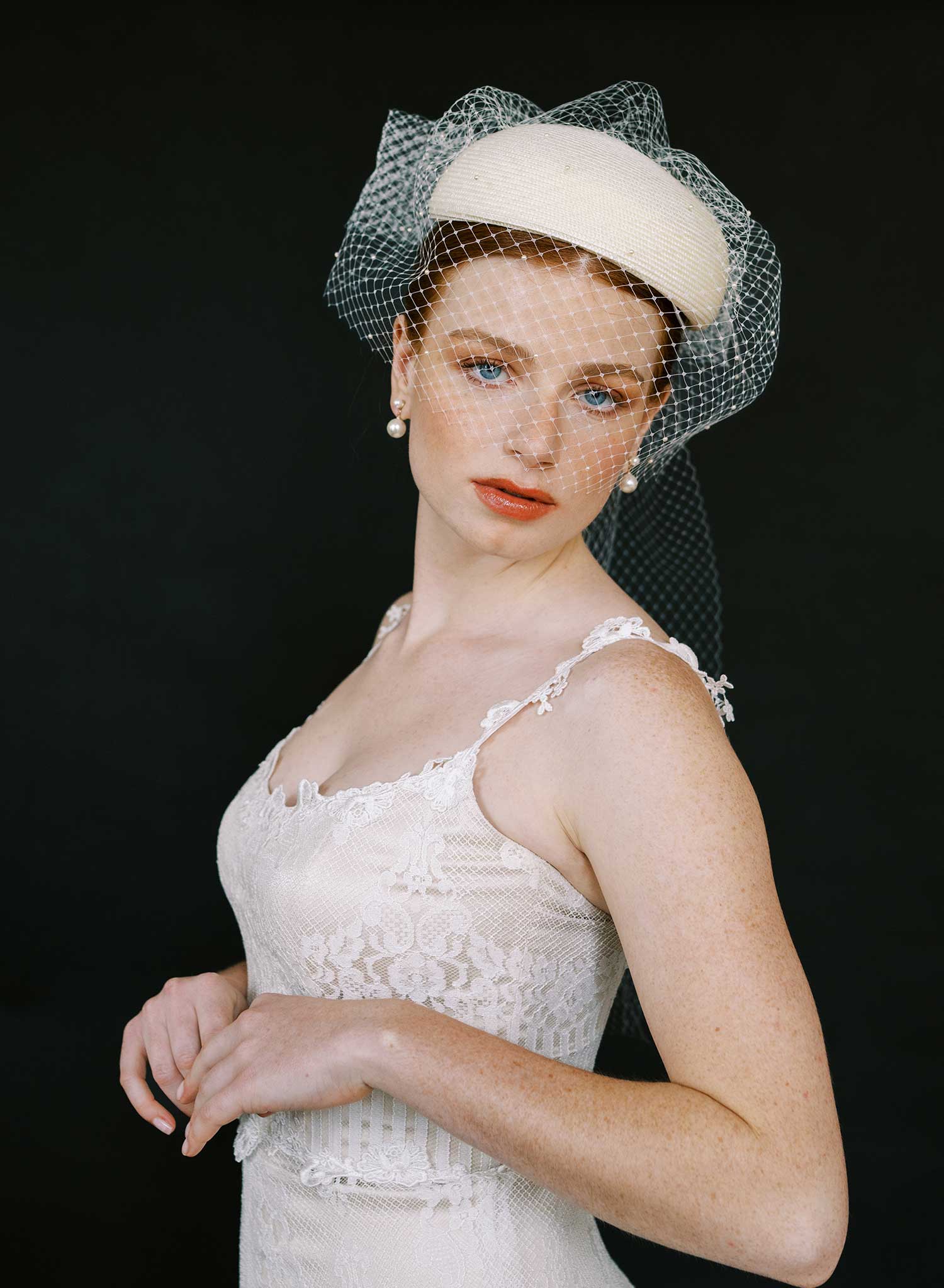 Straw pillbox bridal hat with birdcage veil - Style #2650