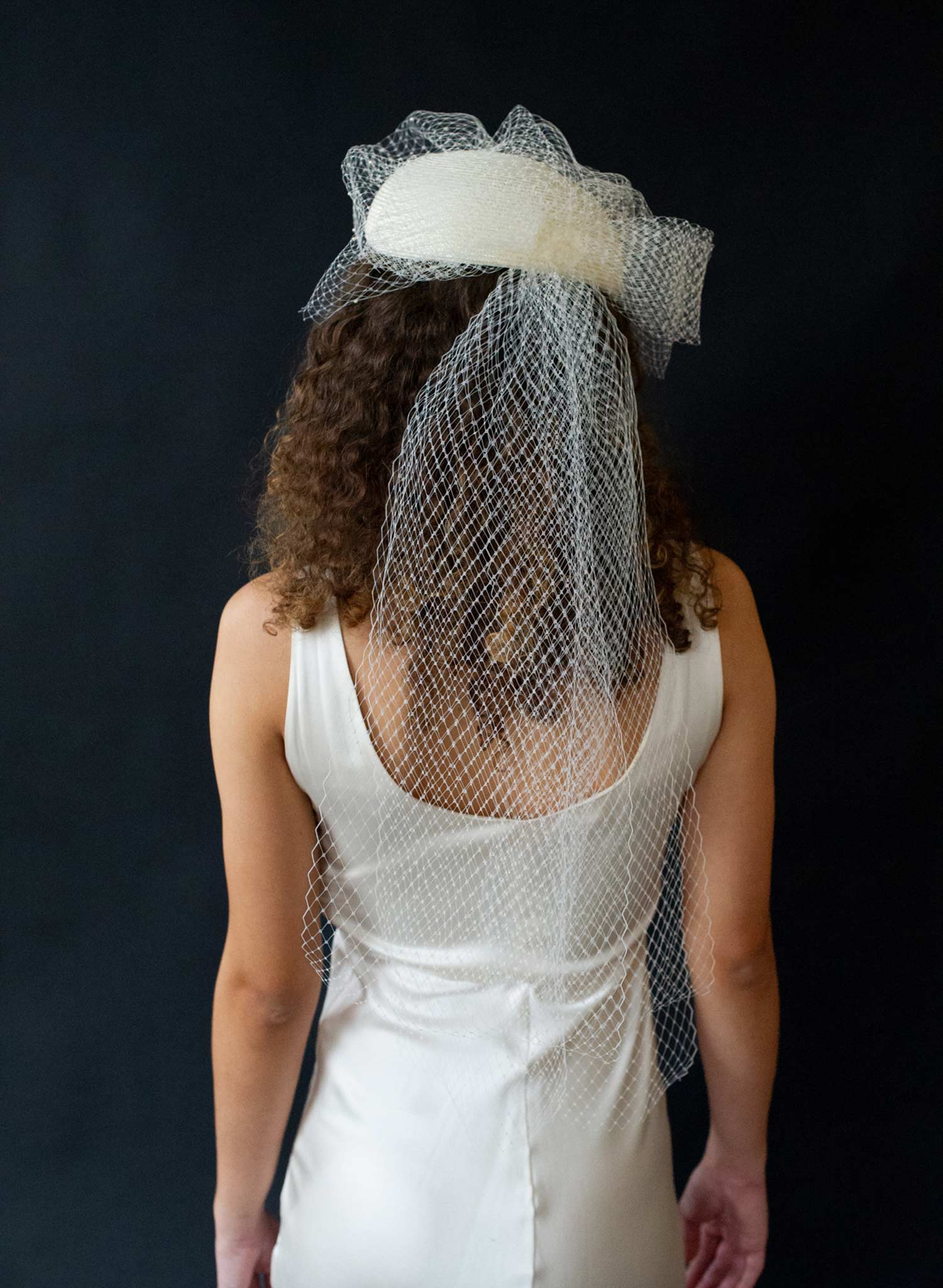 Straw pillbox bridal hat with birdcage veil - Style #2650