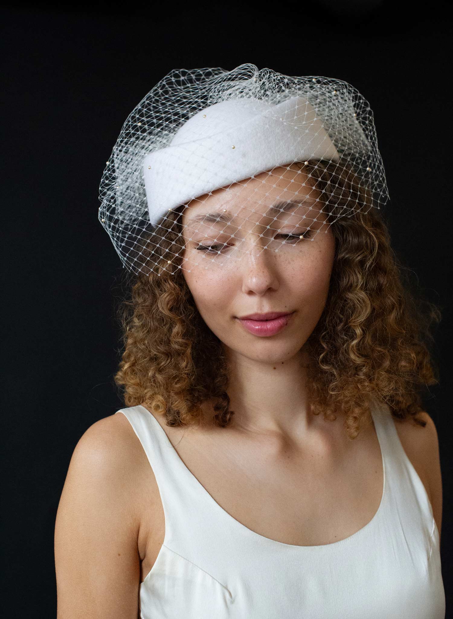Bridal pillbox hat with pearl speckled veil - Style #2675