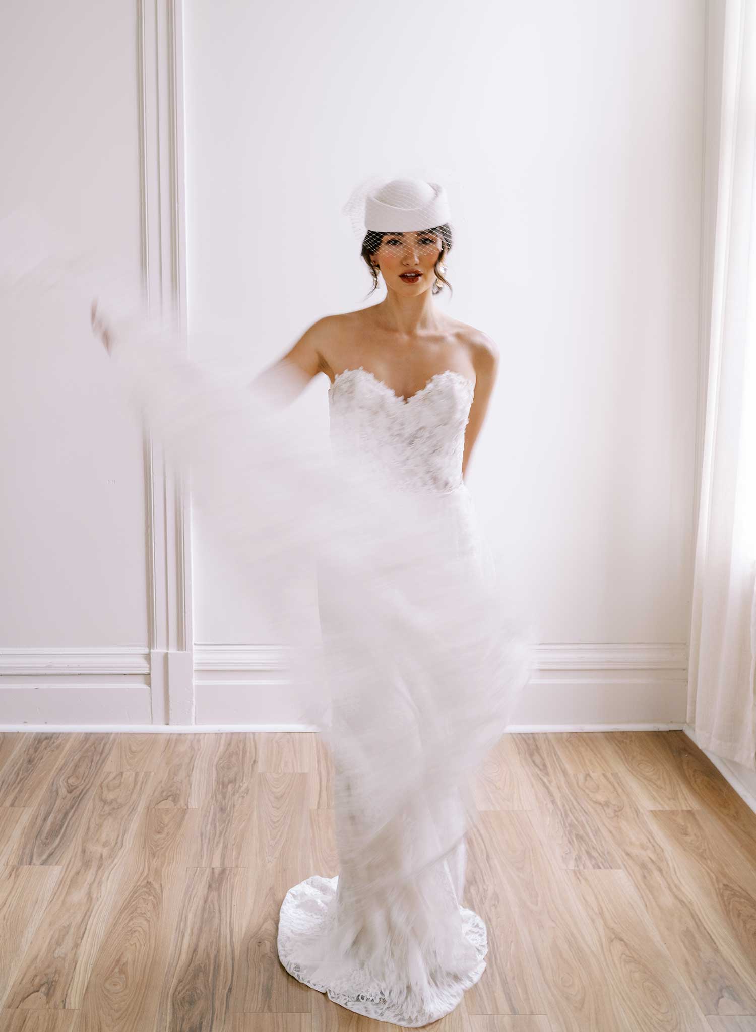 Bridal pillbox hat with pearl speckled veil - Style #2675