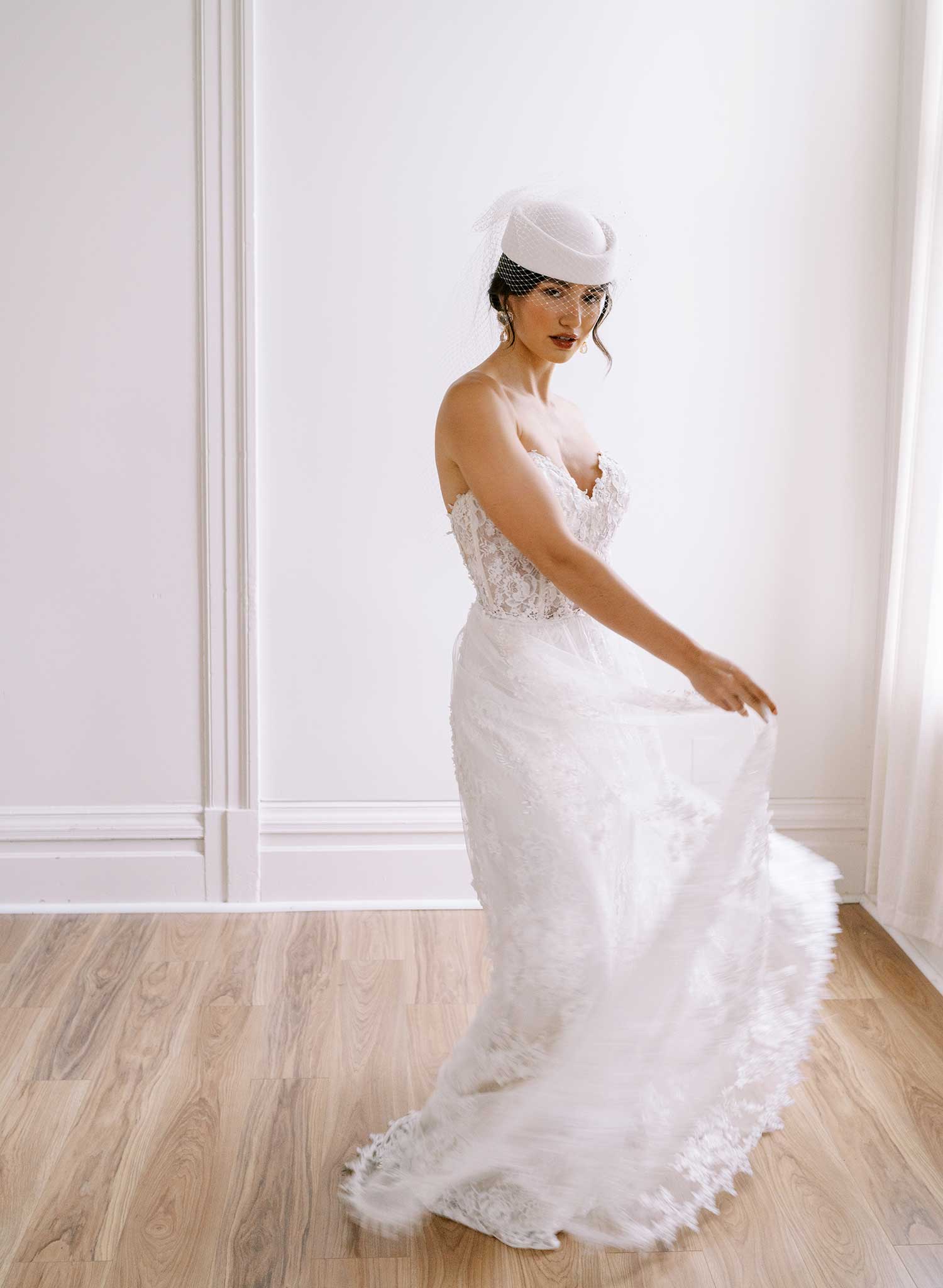 Bridal pillbox hat with pearl speckled veil - Style #2675