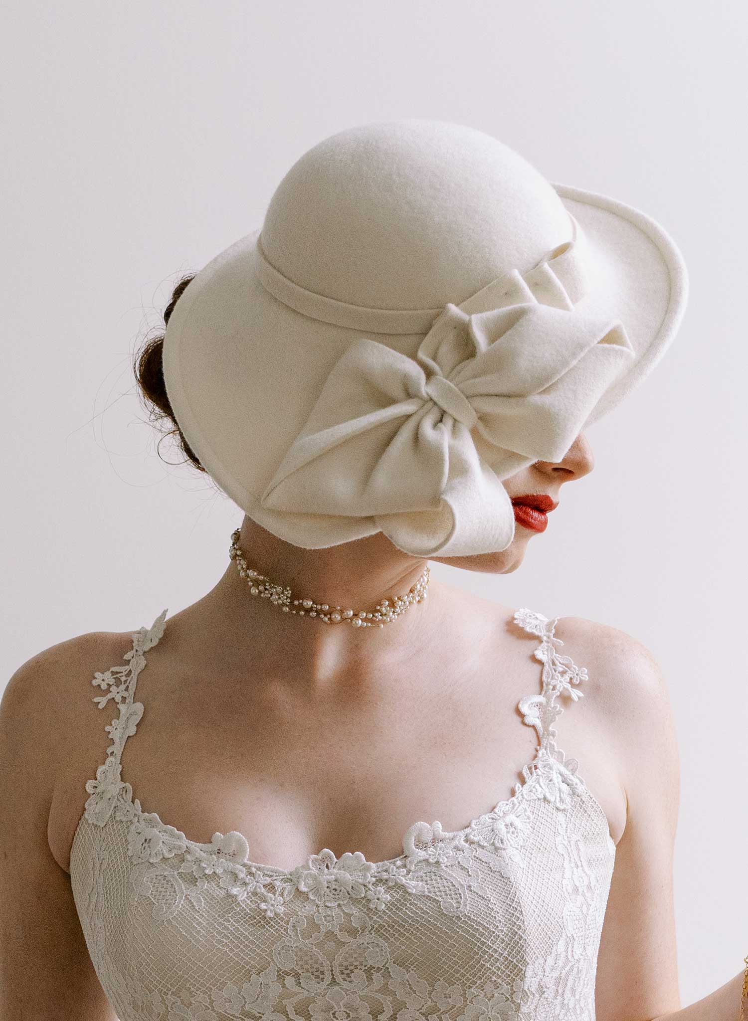 Bridal sloping wool hat with cascading bows - Style #2677