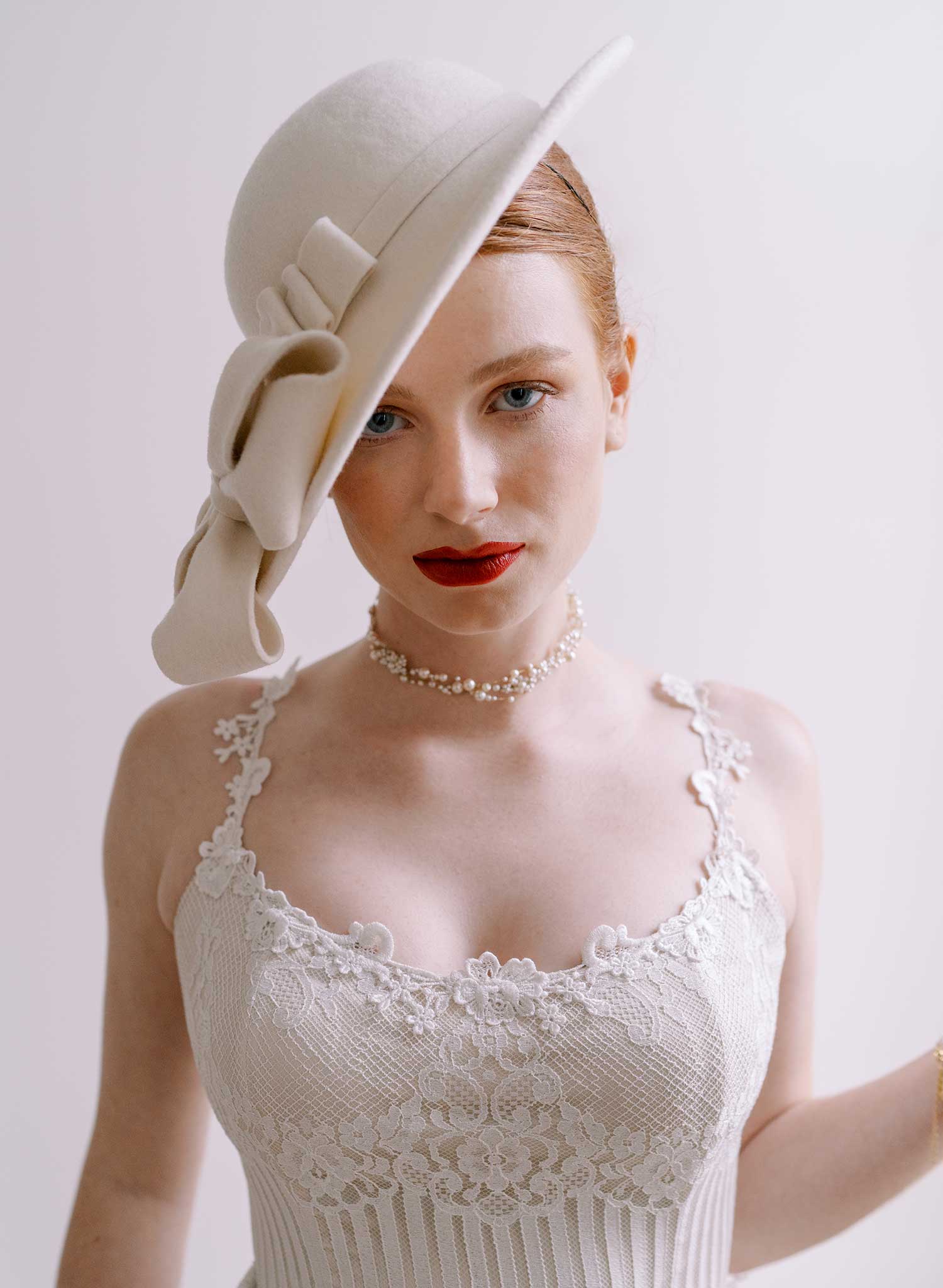 Bridal sloping wool hat with cascading bows - Style #2677