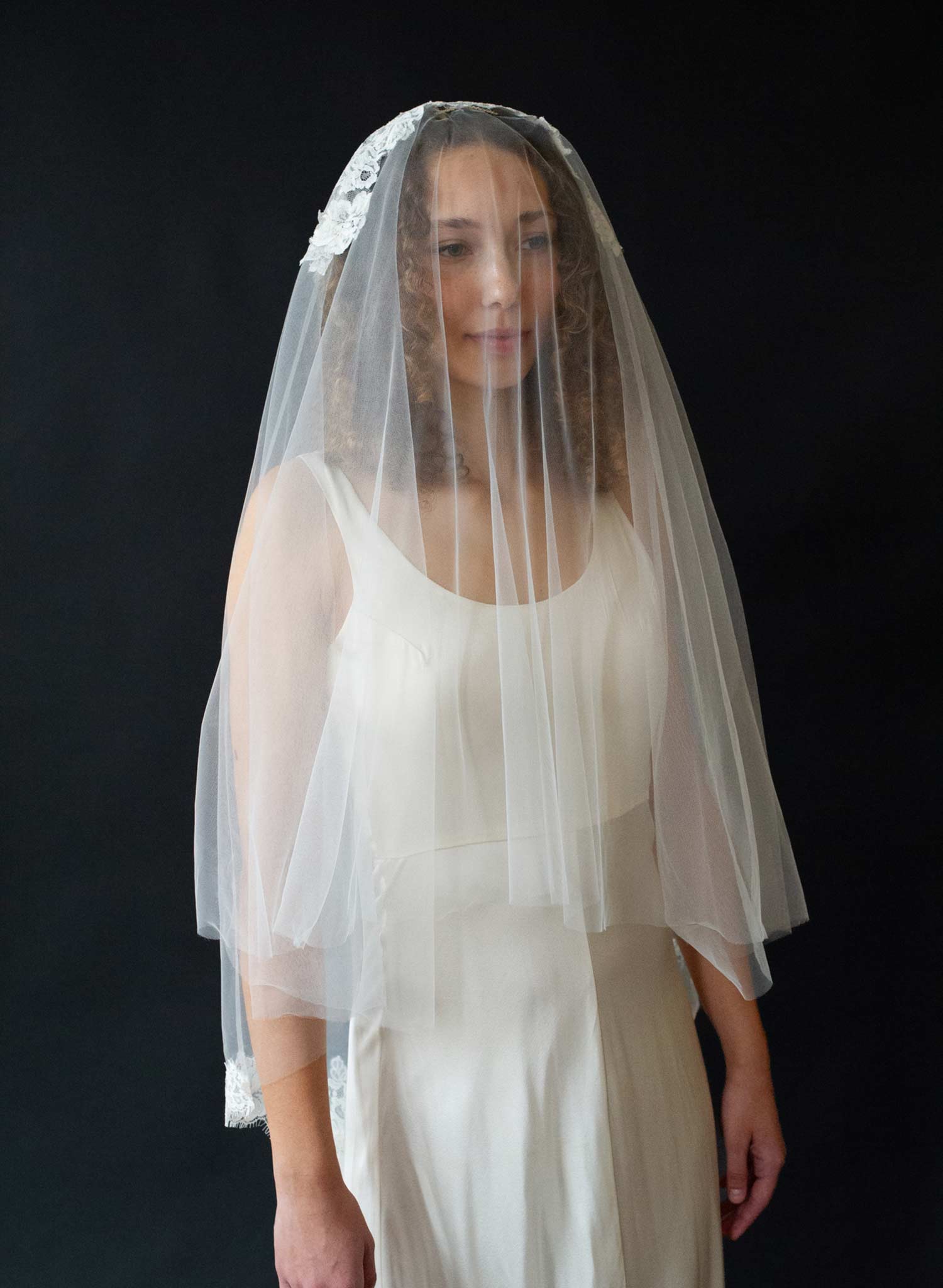 Floating French lace crown and border veil - Style #2678