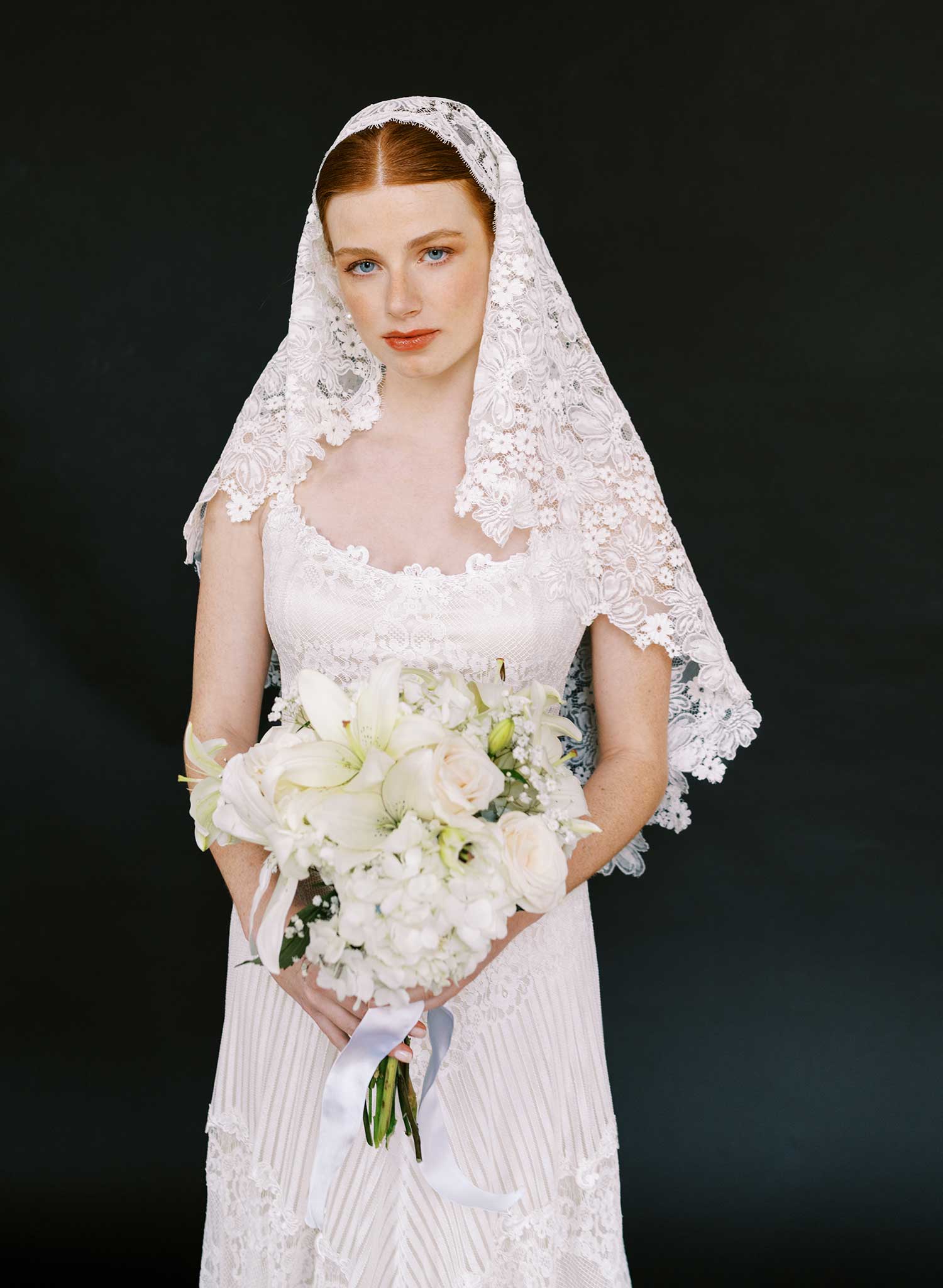 Allover dense floral lace juliet veil - Style #2684