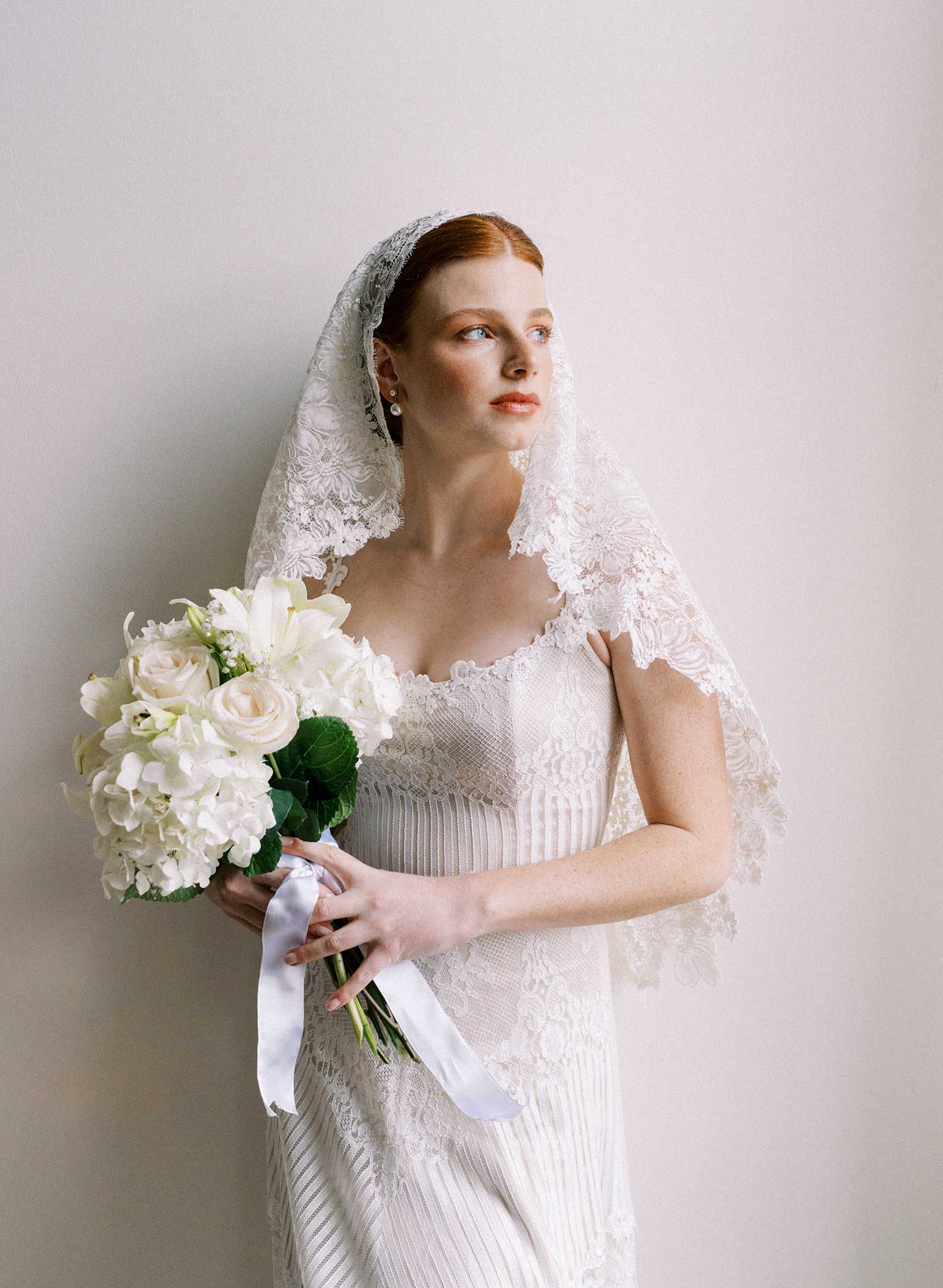 Allover dense floral lace juliet veil - Style #2684