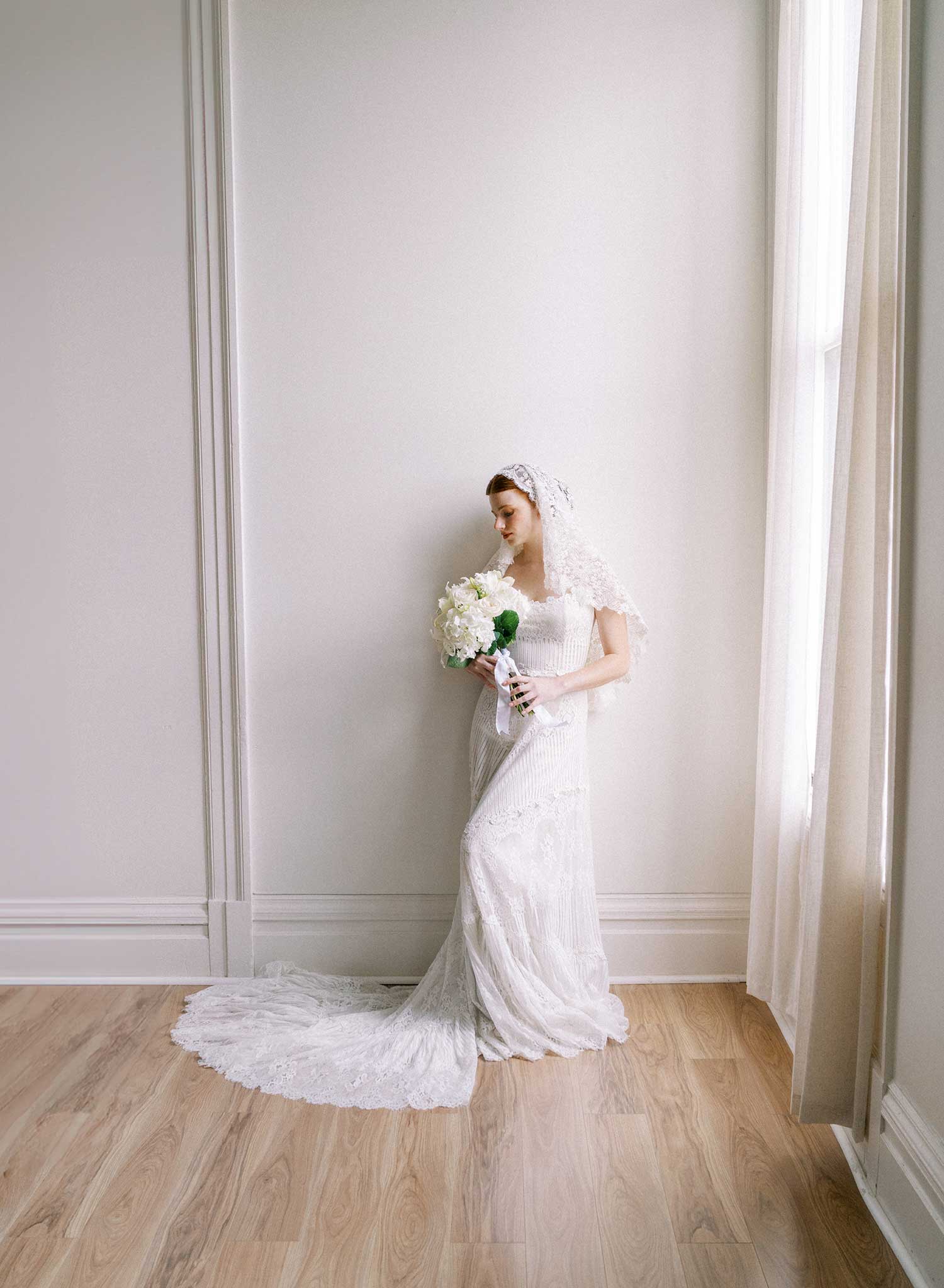 Allover dense floral lace juliet veil - Style #2684