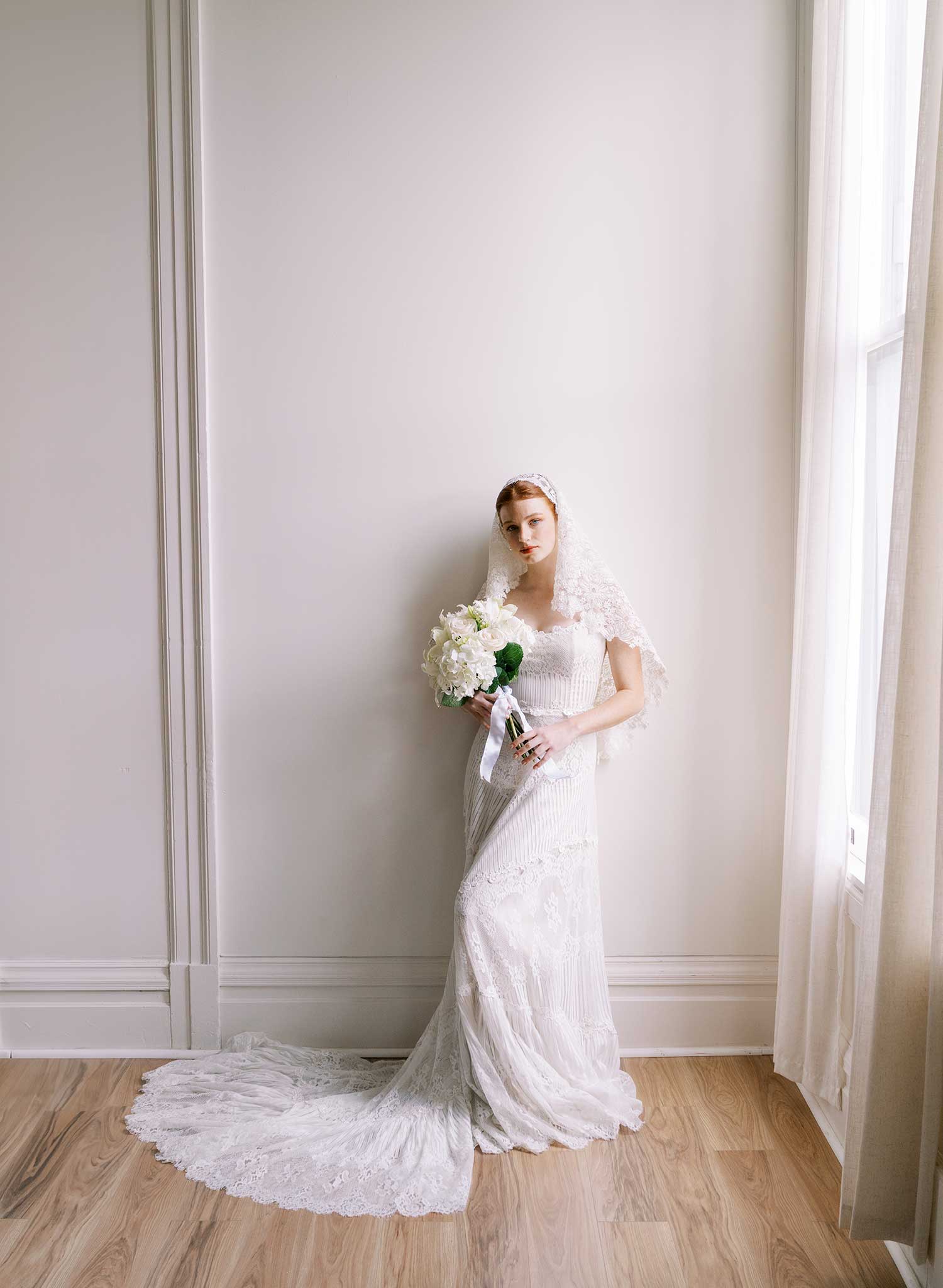 Allover dense floral lace juliet veil - Style #2684