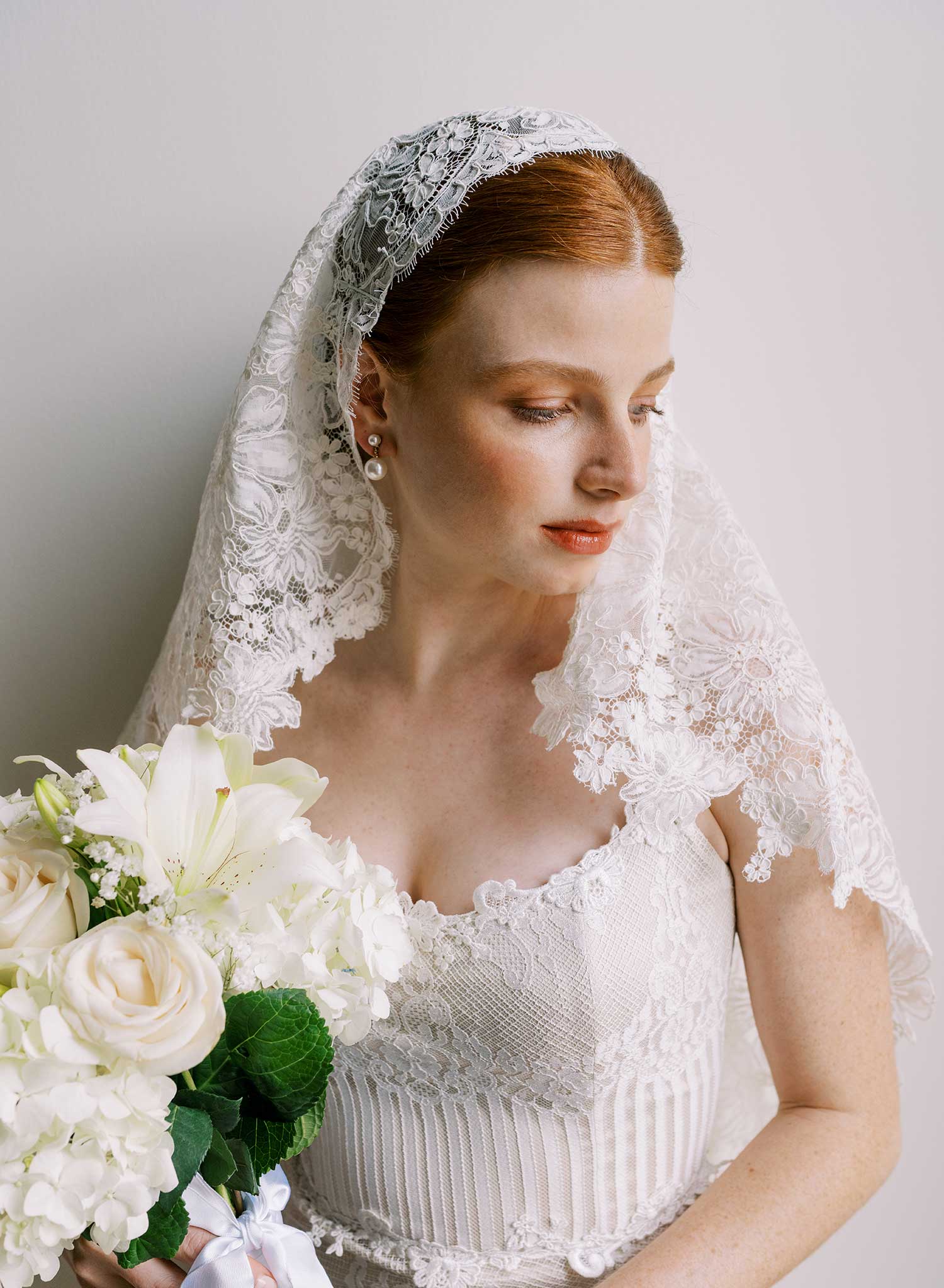 Allover dense floral lace juliet veil - Style #2684