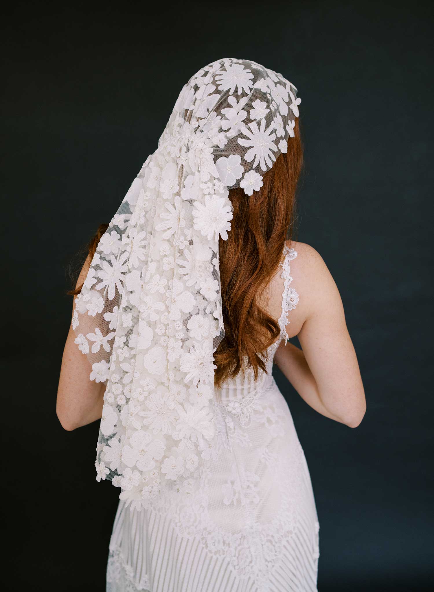 Bold florals lace juliet bridal veil - Style #2685