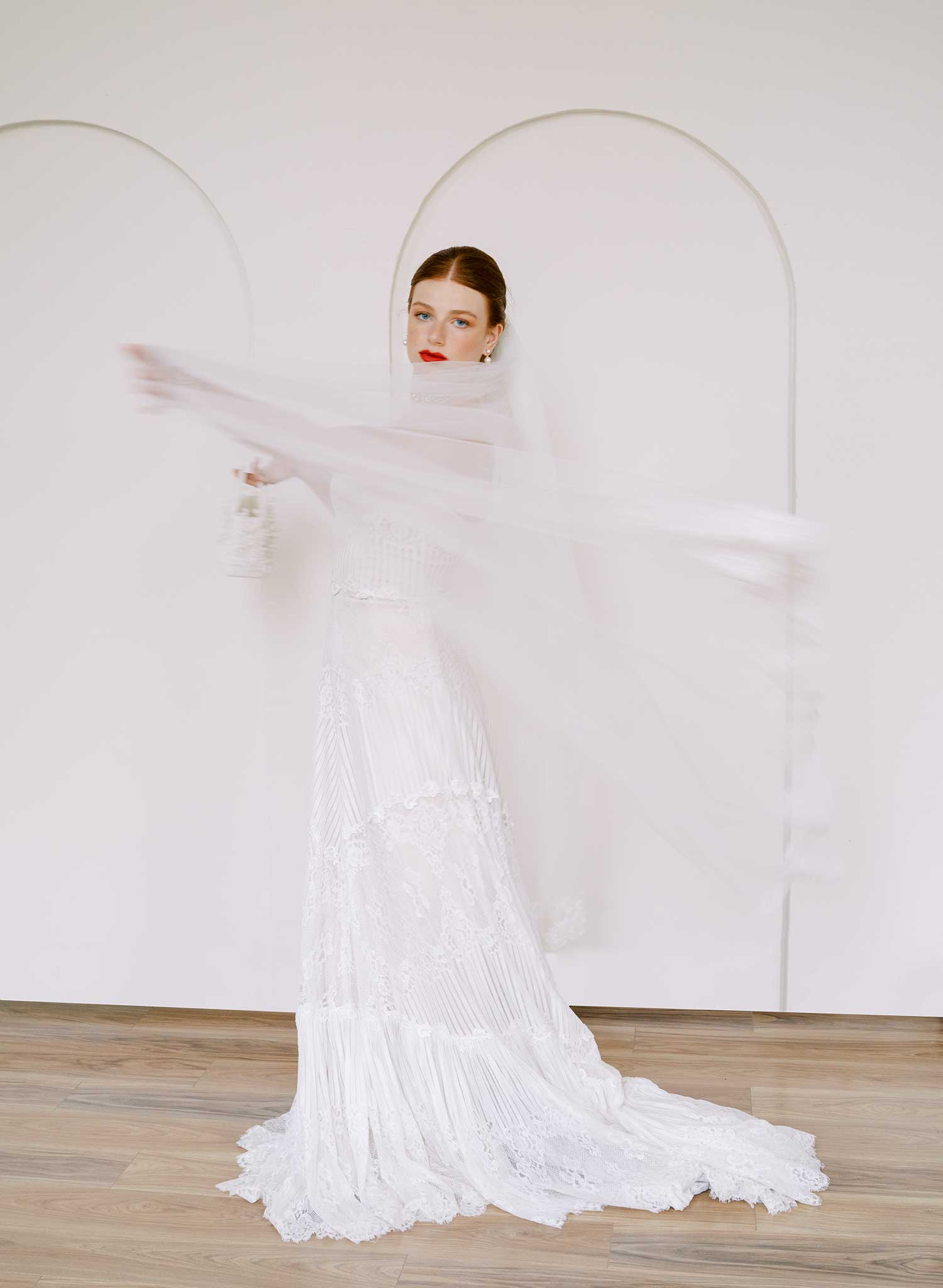 Triple tier French lace bridal veil with pearls - Style #2646