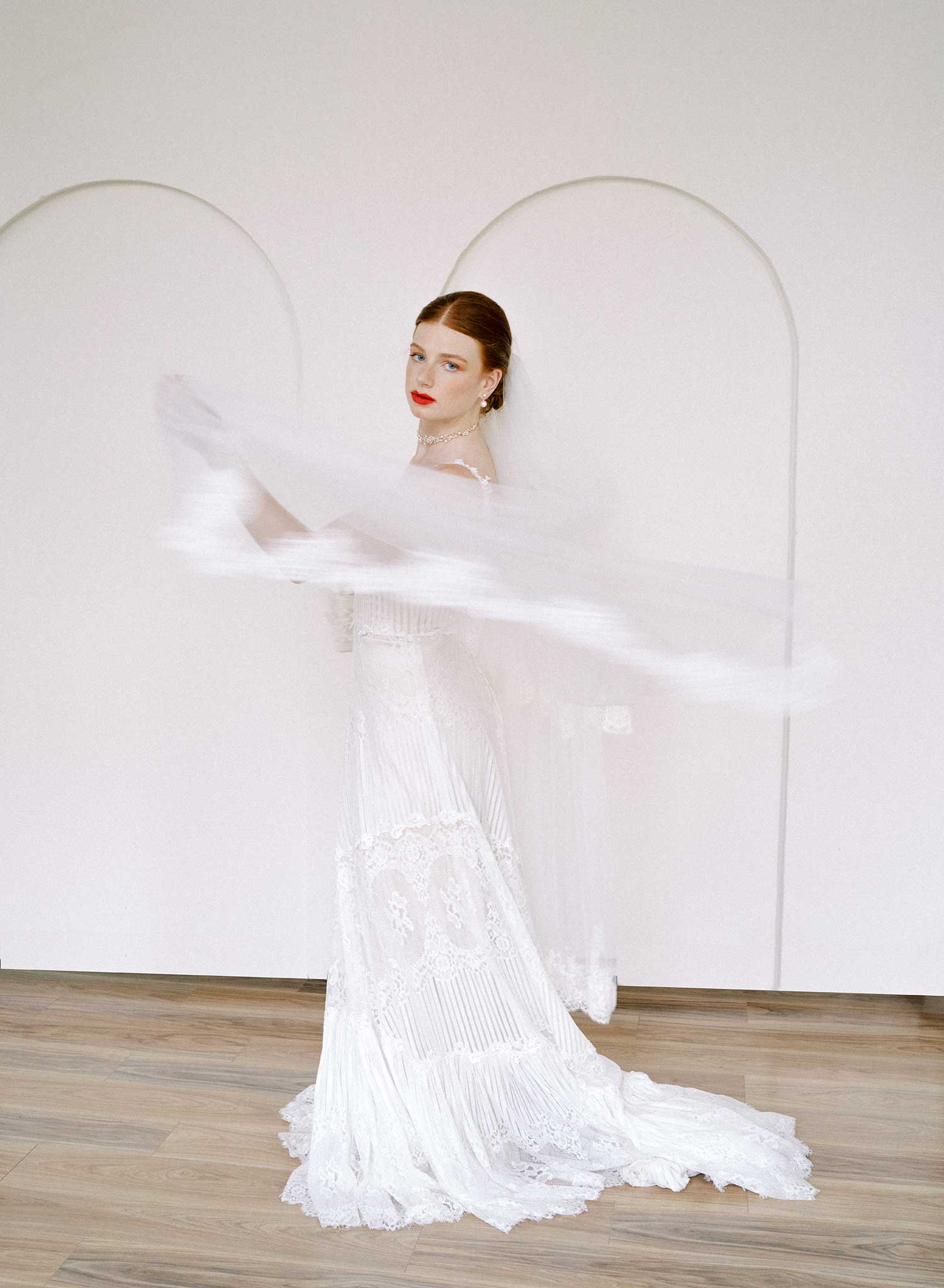 Triple tier French lace bridal veil with pearls - Style #2646