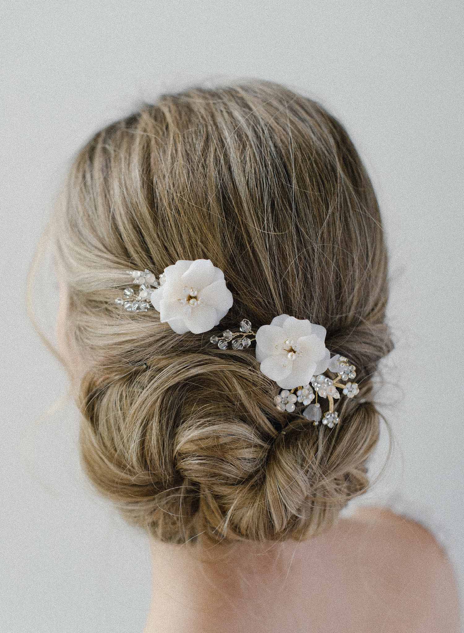 handmade bridal hair comb set of 2, white, crystals, twigs and honey