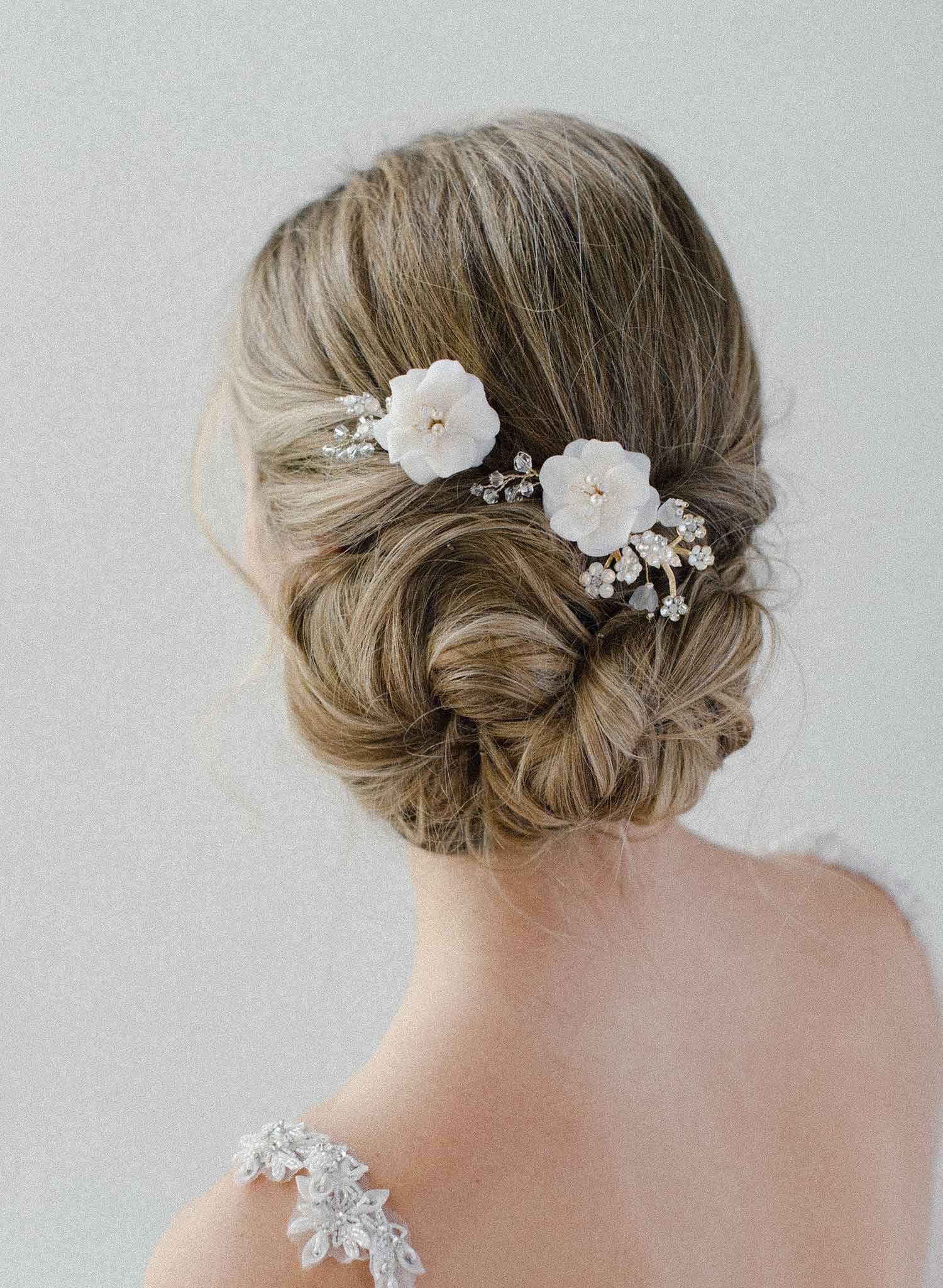 handmade bridal hair comb set of 2, white, crystals, twigs and honey