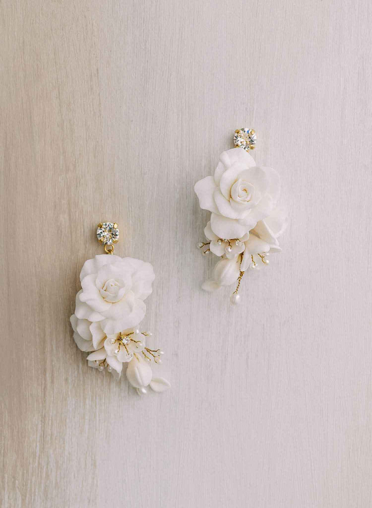 handmade clay rose and crystal bridal drop earrings by twigs & honey