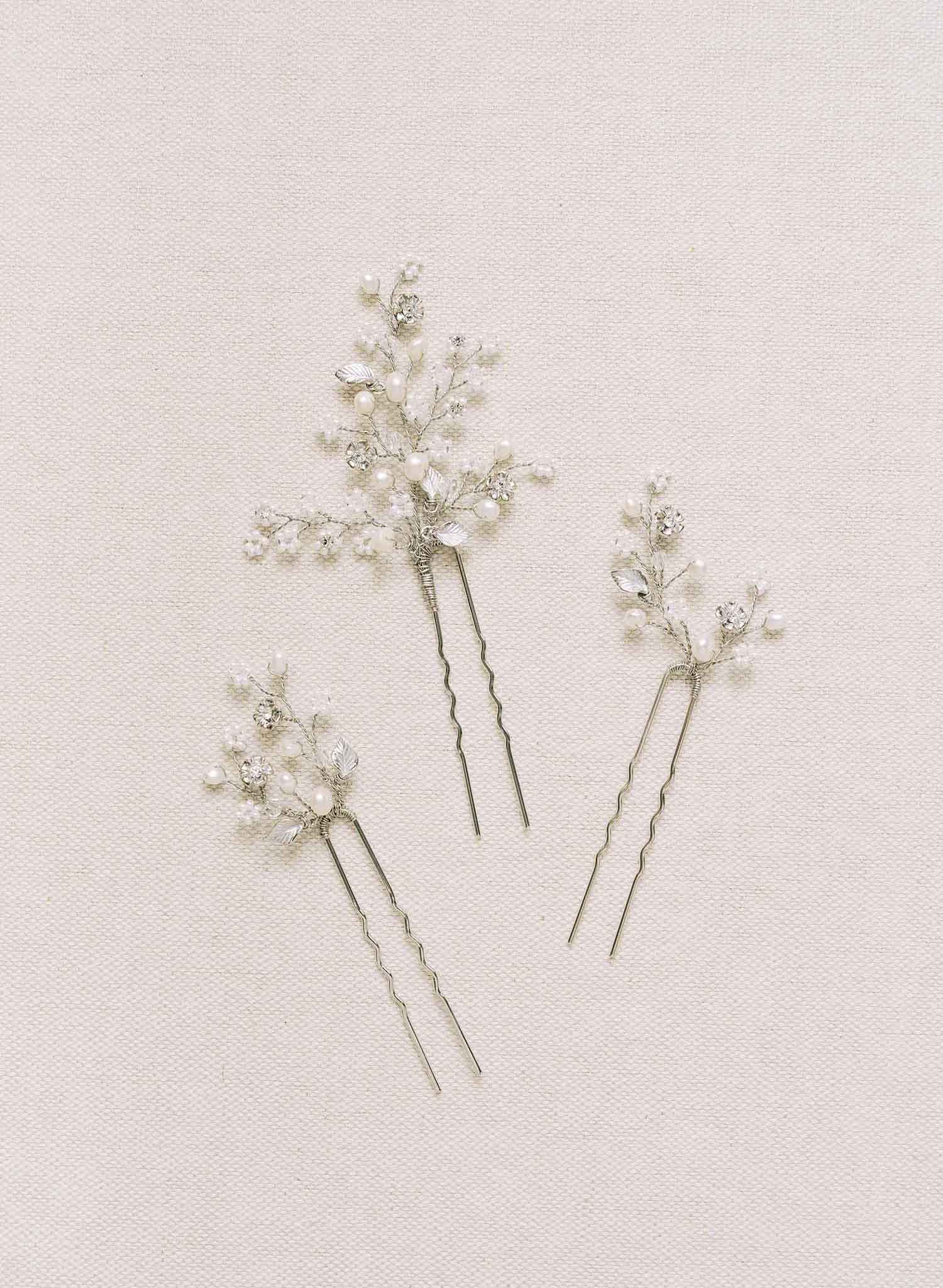 Dainty beaded fern leaf hair pin set of 3 - Style #2111