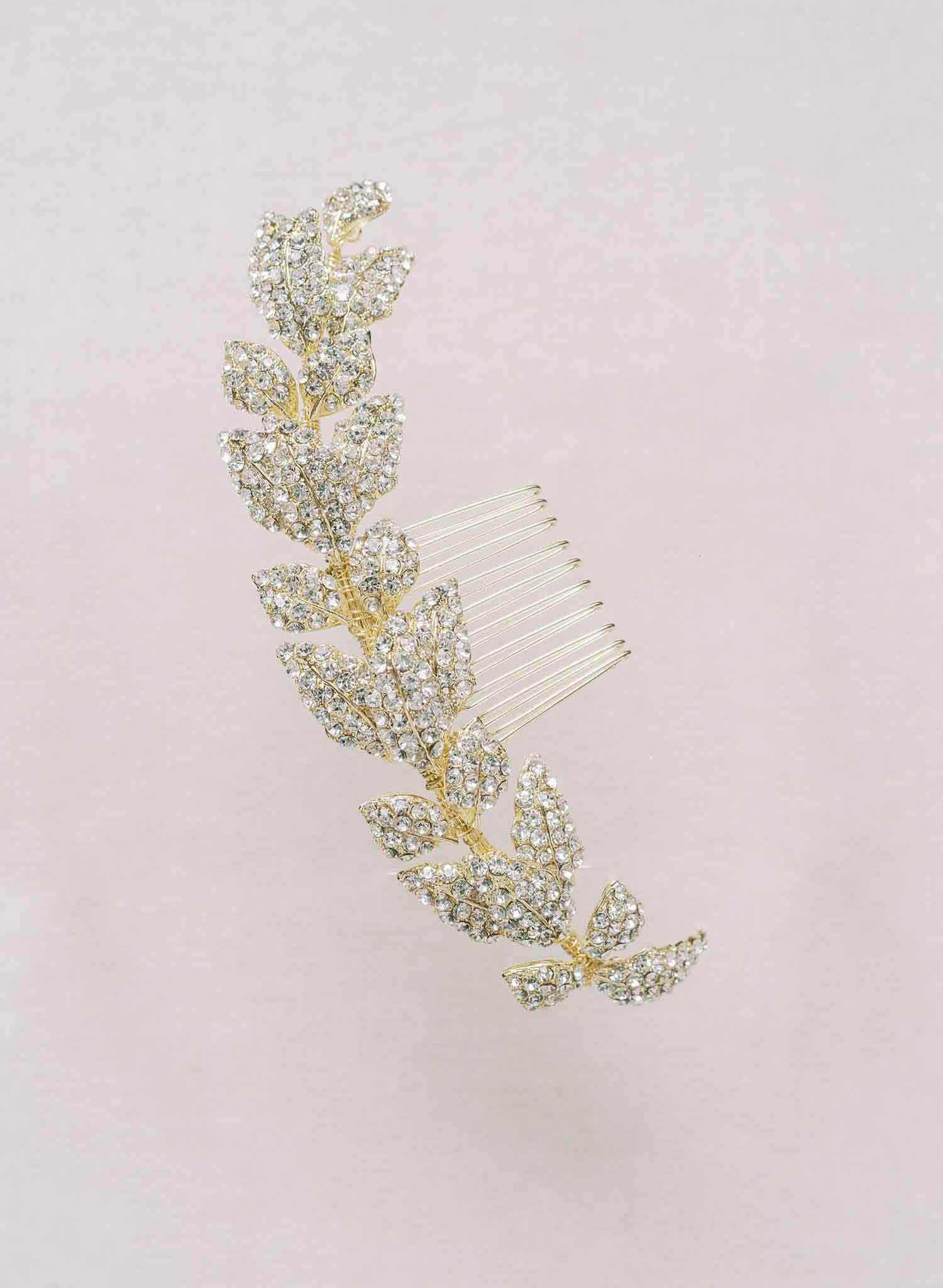 crystal encrusted bridal leaf hair comb, adornment by twigs & honey